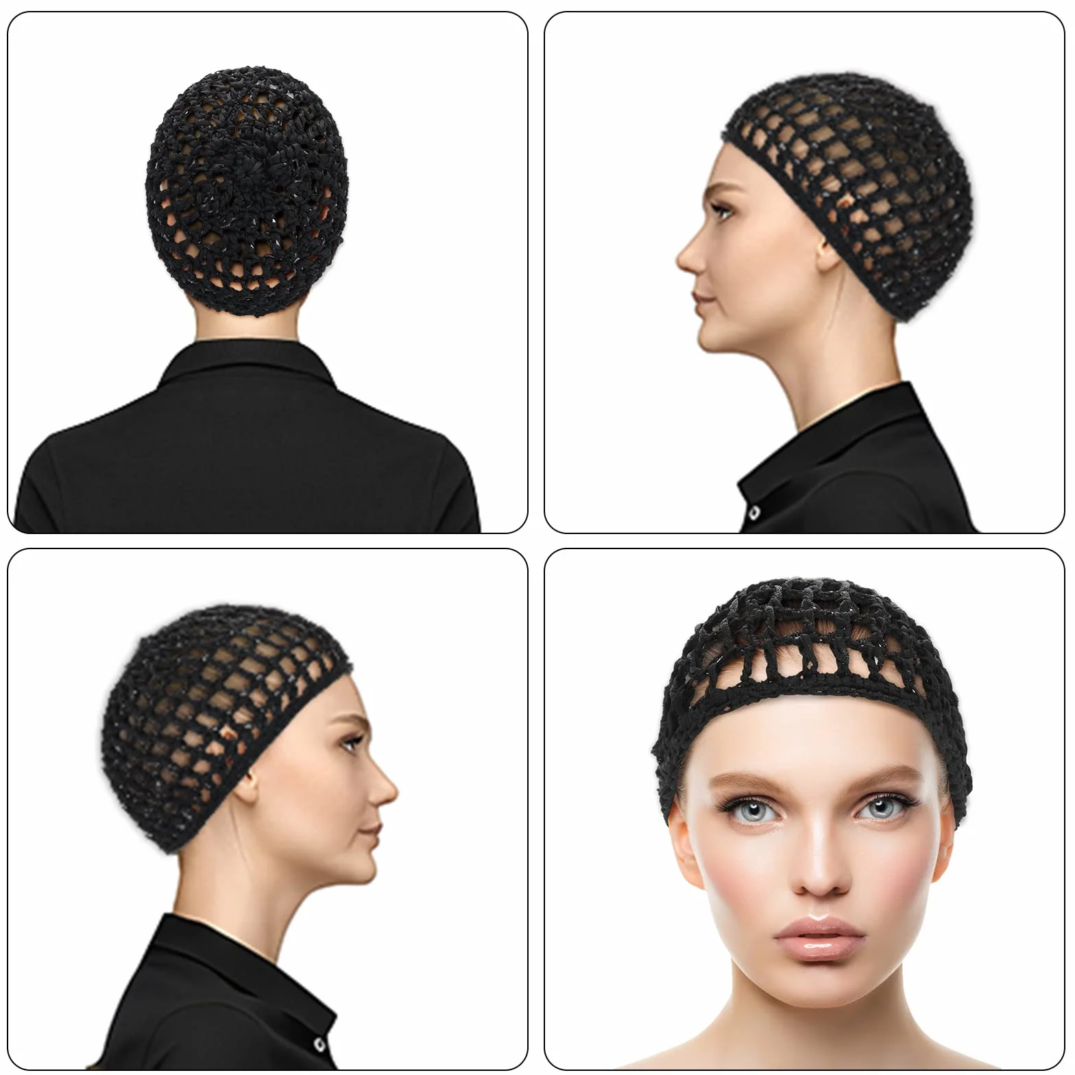 Redecillas para el cabello para dormir, gorros largos rectos rizados, protector de cabeza malla negra, moño correa levantamiento, para mujer
