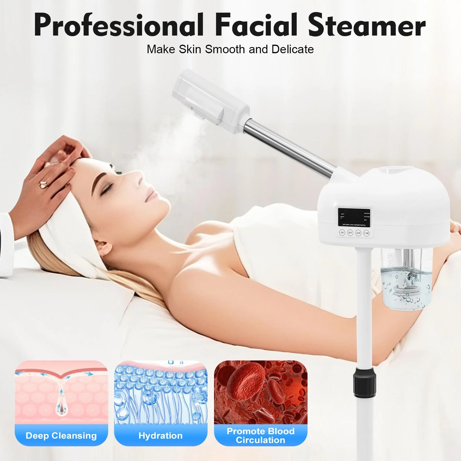 Profesional Vapor Facial Humidificador Brazo Giratorio Panel LCD Ozono Spray Caliente Limpieza Poros