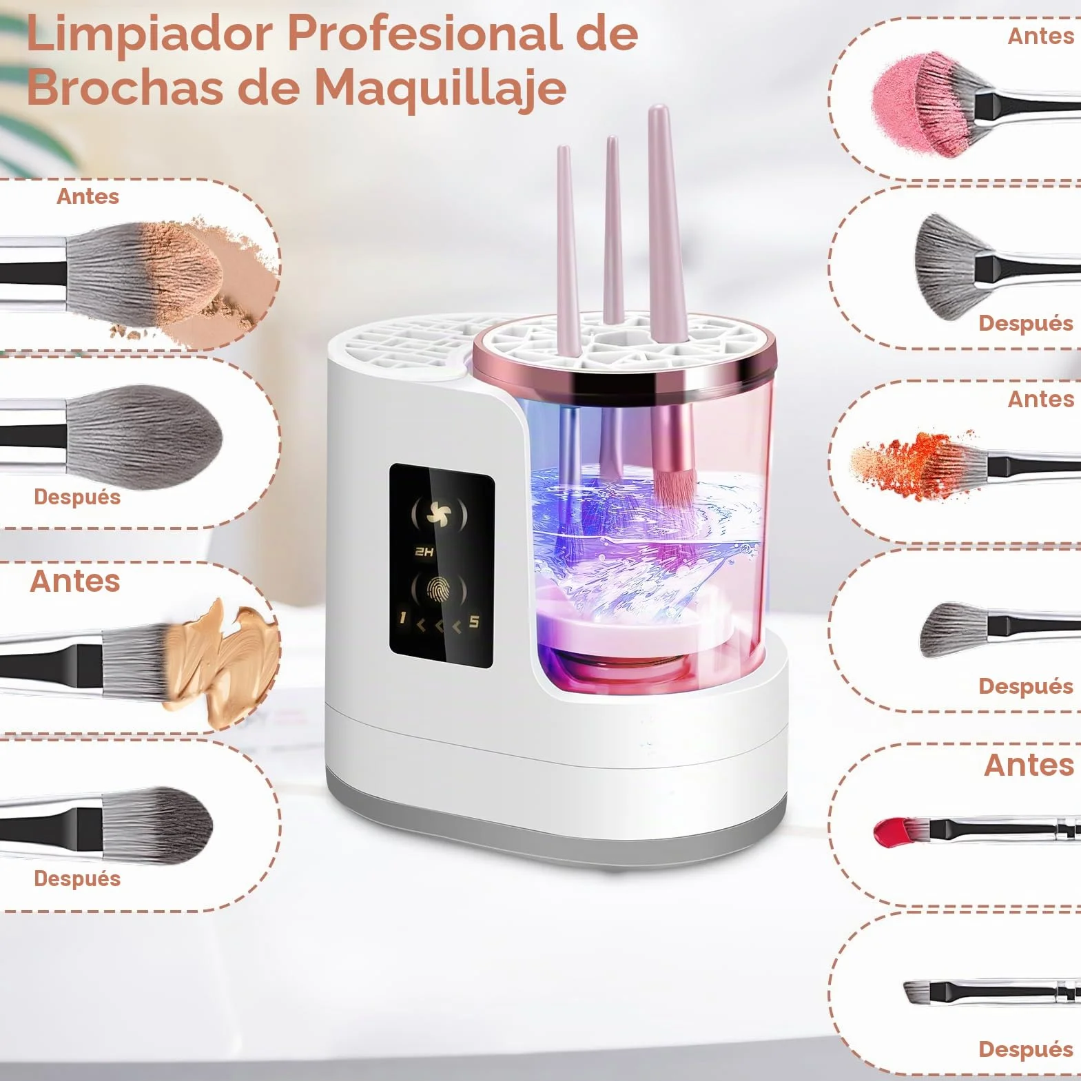 Limpiador automático de brochas de maquillaje 3 en 1 con secado y almacenamiento