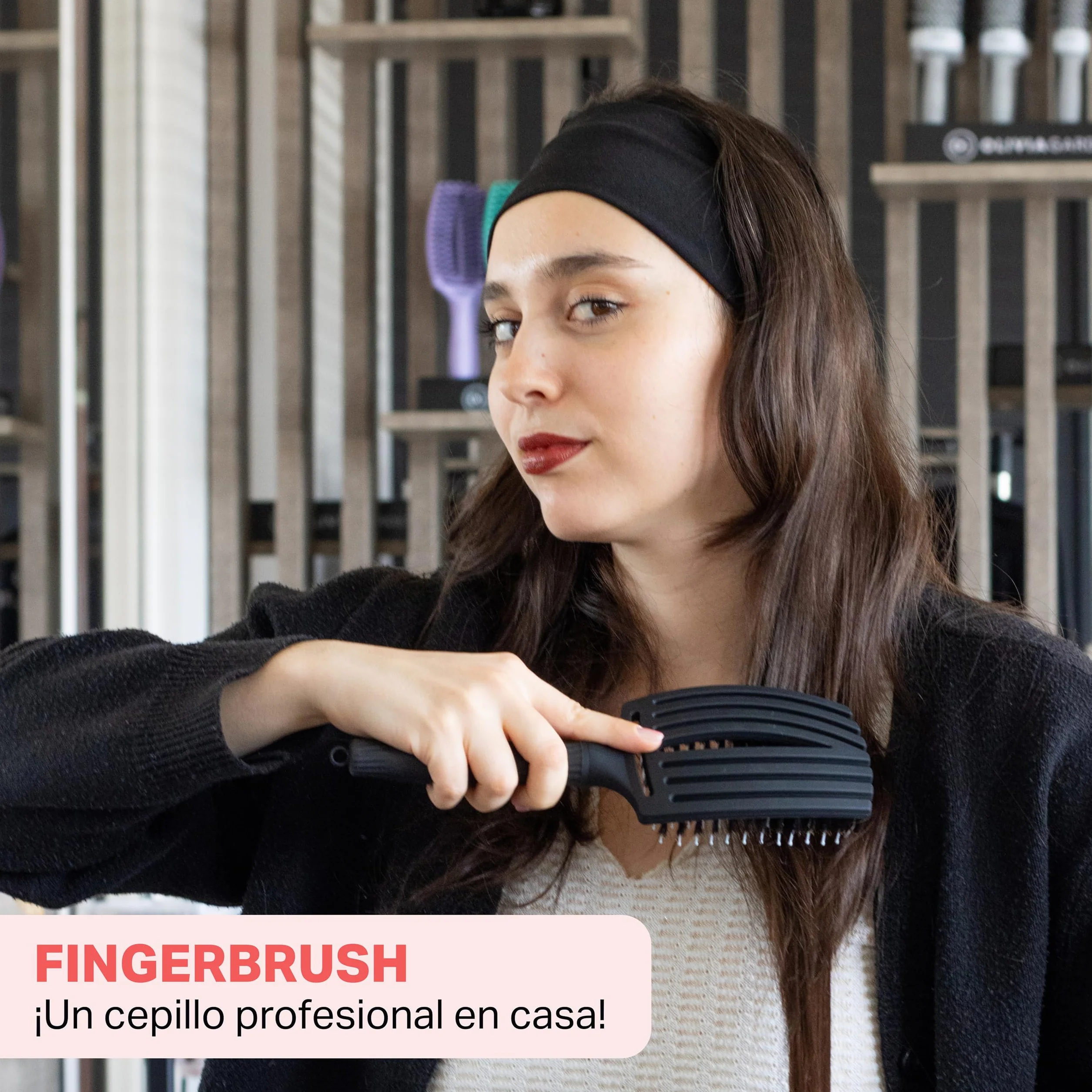 Olivia Garden Fingerbrush Combo Large Cepillo Pelo Largo Antitirones Cerdas Jabalí Nylon Brillo Natural Negro