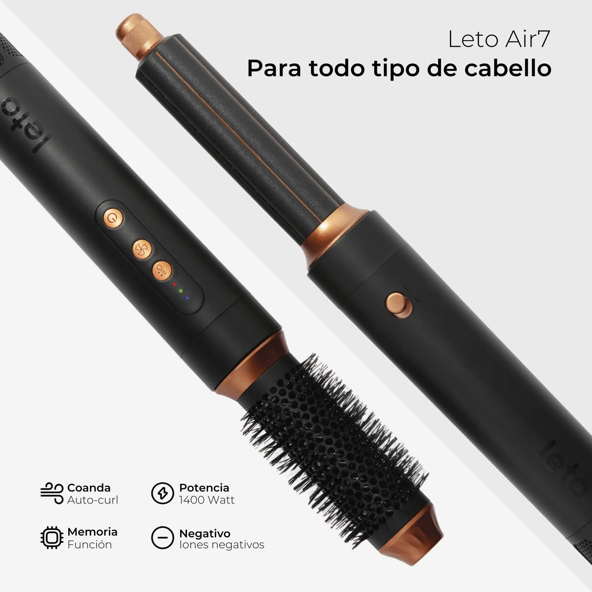 Leto 7en1 Cepillo de aire caliente y secador – cepillo redondo, rizador, ondulador, alisador, difusor, concentrador, Coanda, iones, 1400W BLDC