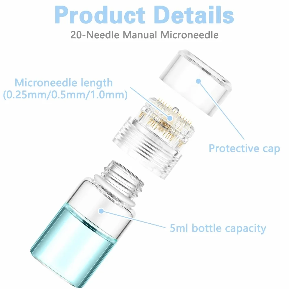 Microneedling Stamp 0.25 mm Titanium Needles, Dermaroller Facial, Titanium Beard Roller, 20 Pin with Refillable Serum Bottle