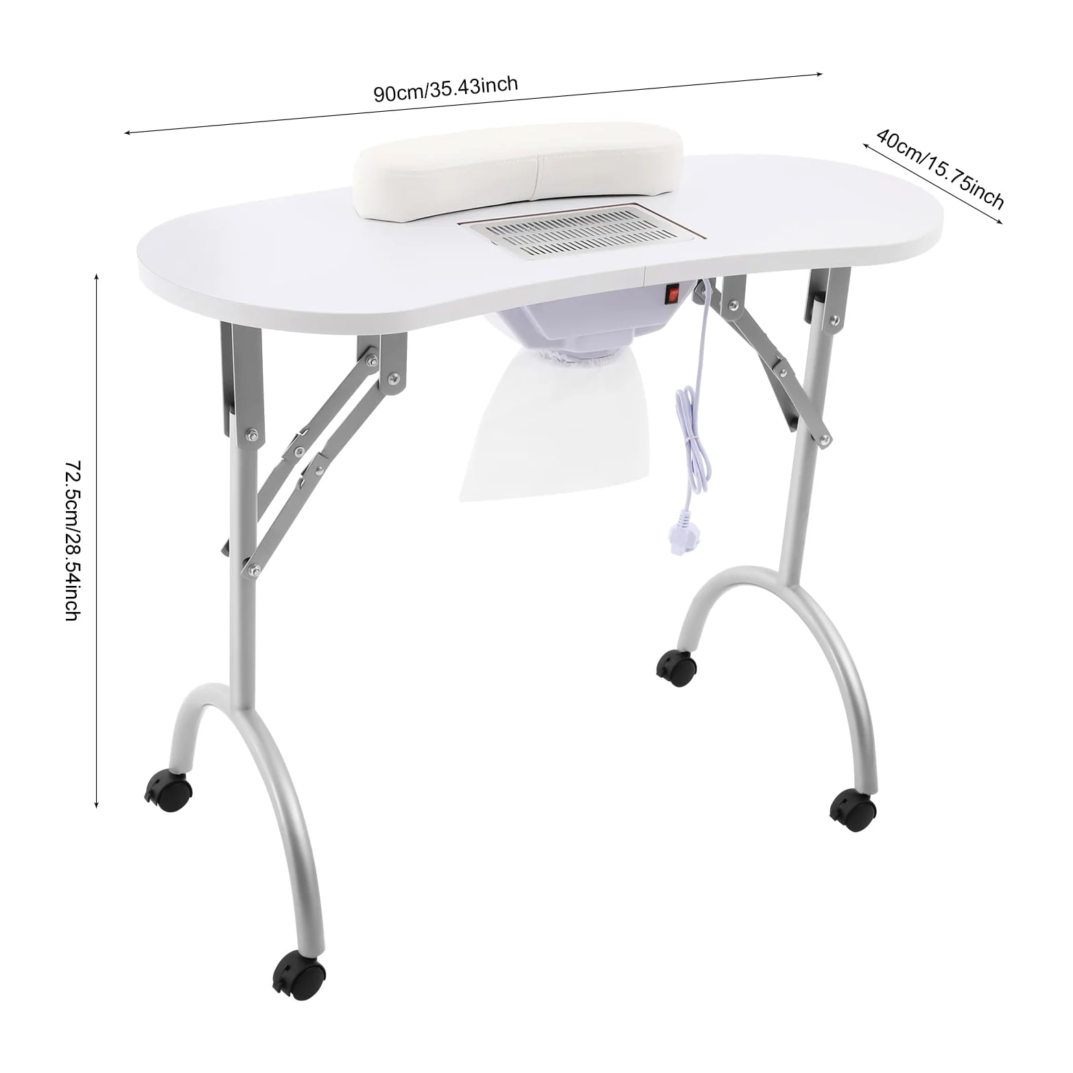 Mesa de manicura profesional con aspiradora, mesa plegable para el cuidado de uñas con filtro de polvo y ruedas, gran superficie de trabajo 90 x 40 cm, para estudio y hogar, color blanco moderno