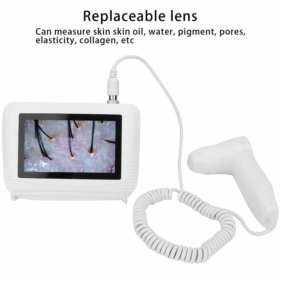 Analizador de Pelo de la Piel, 5 en 50X/200X Lente escáner Digital Detector Cuero Cabellado escáner Recargable detección de Humedad Aceite folículo piloso Cuero Cabellado probador pigmentos Piel(EU)