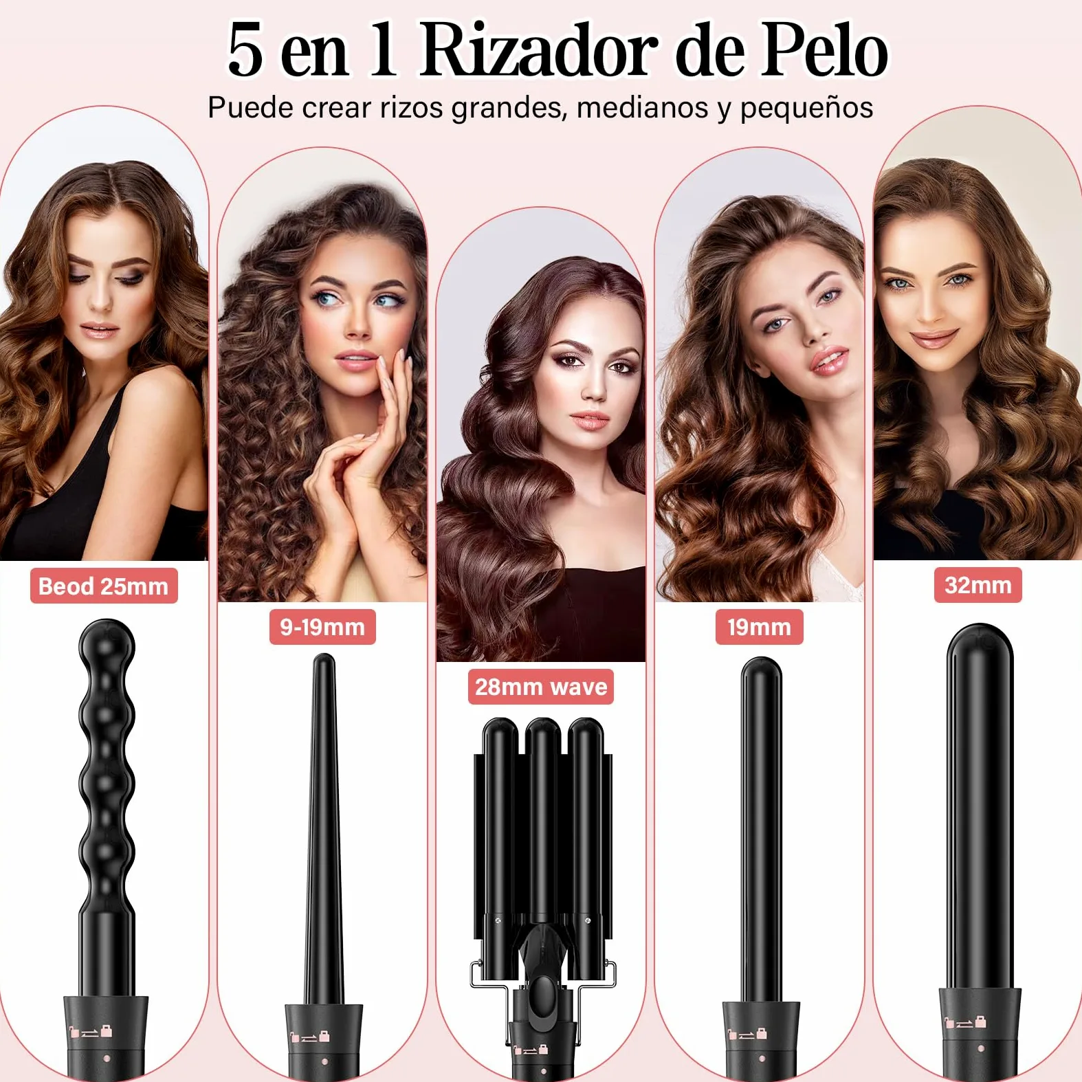 Rizador de Pelo 5 en 1 con 5 Accesorios Intercambiables, Rizador Pelo Ondas, Plancha Ondas de Cerámica, Temperatura Ajustable, Calentamiento Rápido, Rizador Tres Barriles para Rizos y Ondas