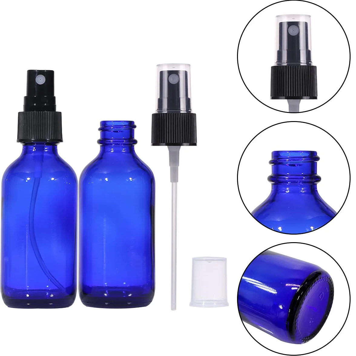 Botella de spray de vidrio 60 ml azul, atomizador de niebla fina reutilizable, botellas de aerosol de viaje para aceites esenciales, perfumes, limpieza (2 piezas)