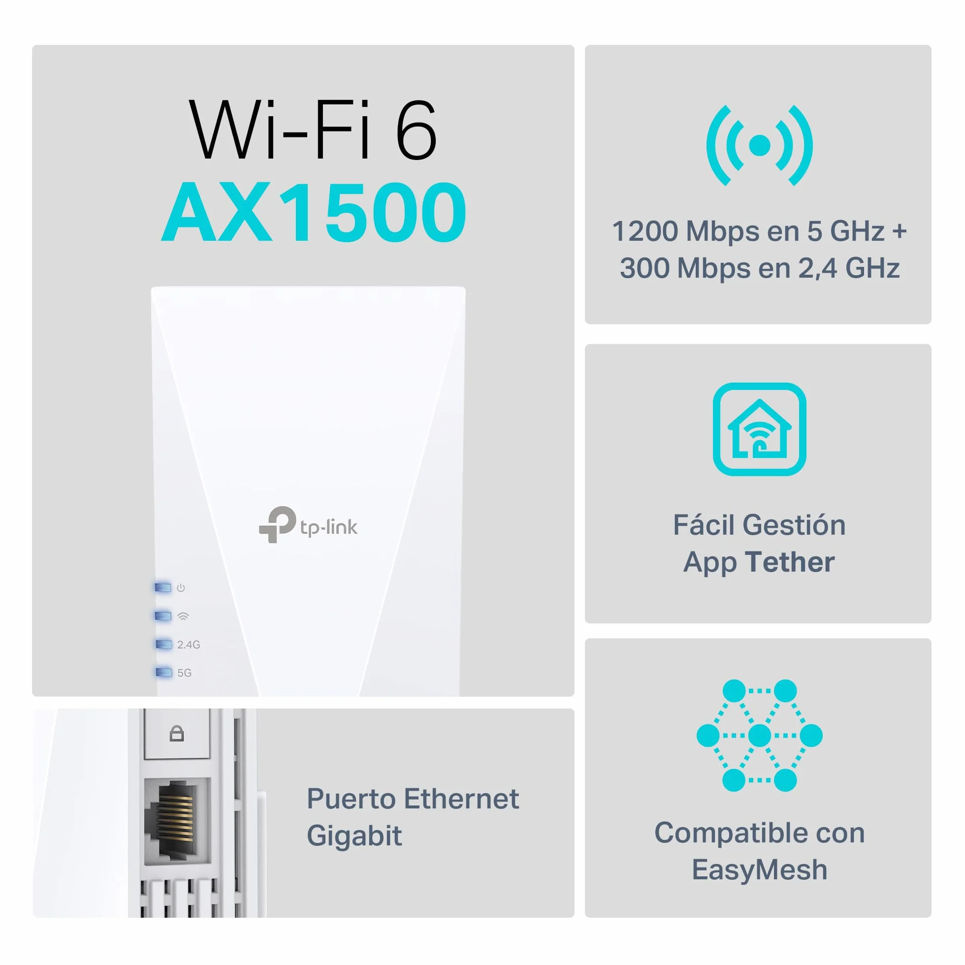 TP-Link RE500X Repetidor WiFi 6 AX1500, Puerto Ethernet Gigabit 10/100/1000, Negro