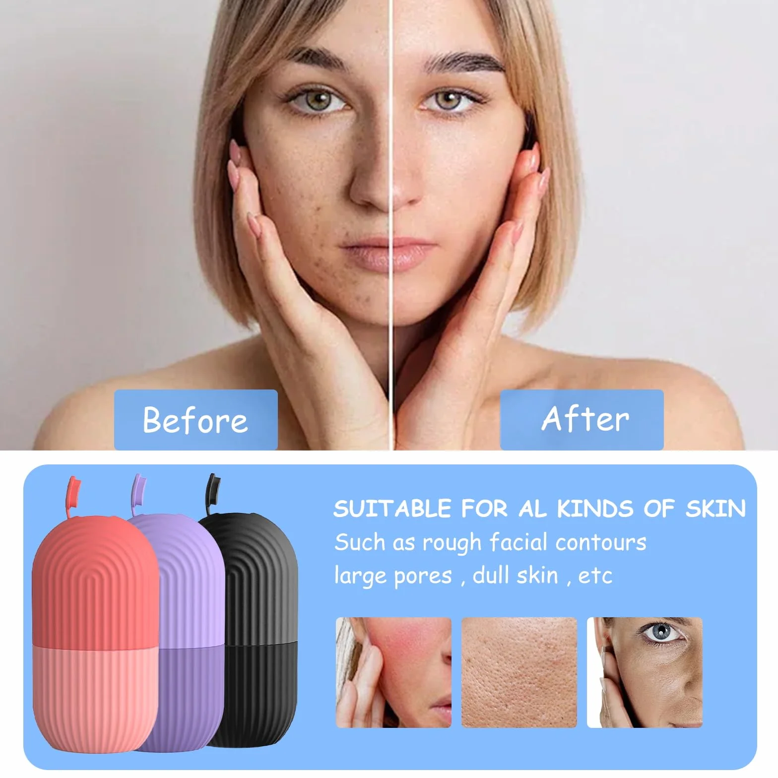 Rodillo Masaje Facial Hielo Ice Roller Facial 3 Piezas Desinflamación Refrescante Calmante