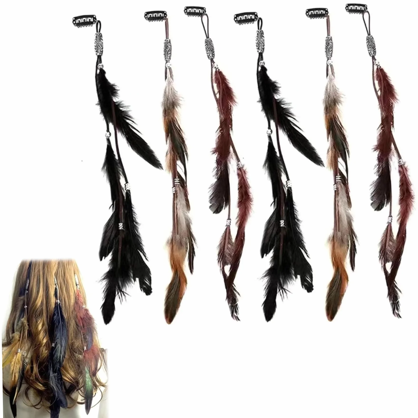 Kit de bricolaje Extensiones de plumas para cabello con cuentas trenzadas diseño llamativo para mujeres cosplay