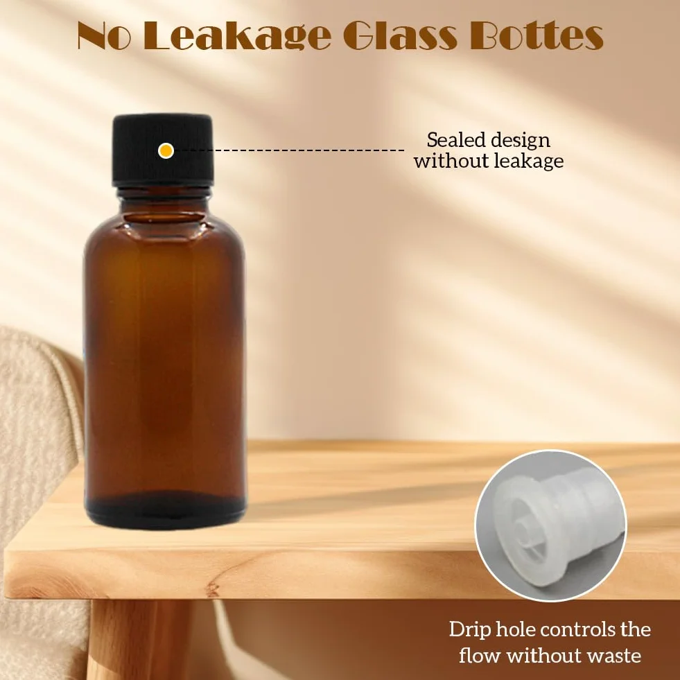 Frascos de vidrio ámbar vacíos 20 ml para aceites esenciales con reductor y tapas negras