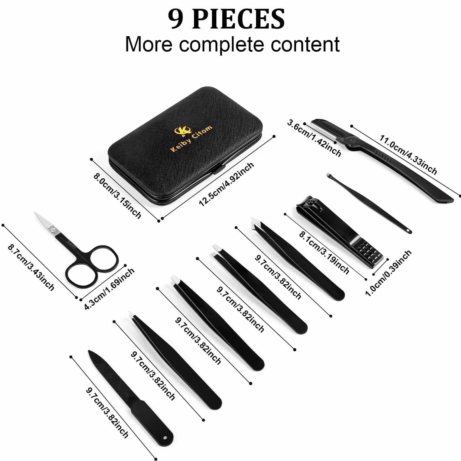 Set 9 Piezas Pinzas Profesionales Cortauñas Cejas Kit Acero Inoxidable Estuche Cuero Negro Rojo