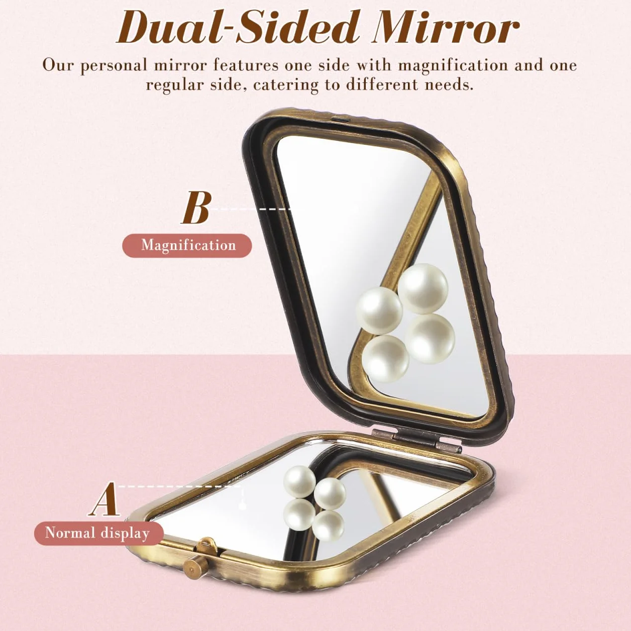 Healeved Espejo compacto plegable vintage de metal doble cara redondo portátil para maquillaje