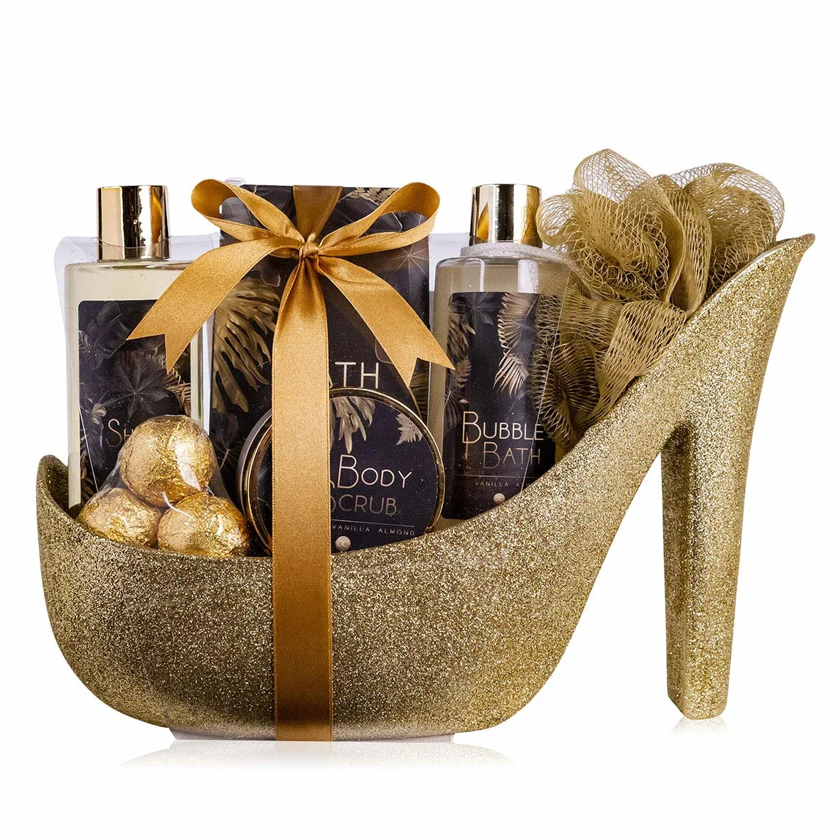 Set de regalo Aroma Vainilla-Almendra para mujer - Set de belleza de lujo con gel de ducha, sales de baño y loción corporal