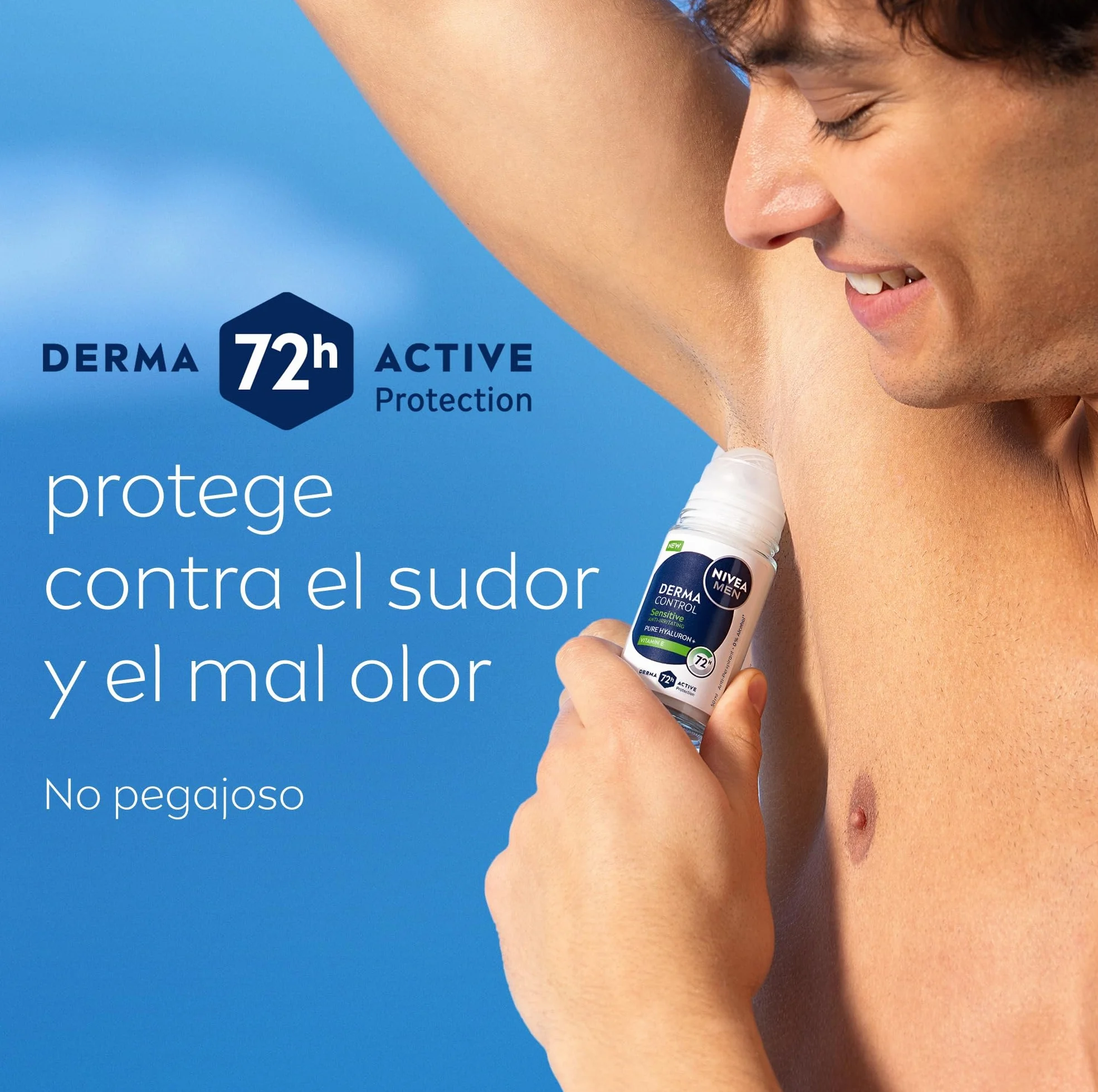 NIVEA Derma Control Sensitive Desodorante Antitranspirante Roll-on 50 ml para Hombre 72h Protección Sudor Ácido Hialurónico Vitamina E