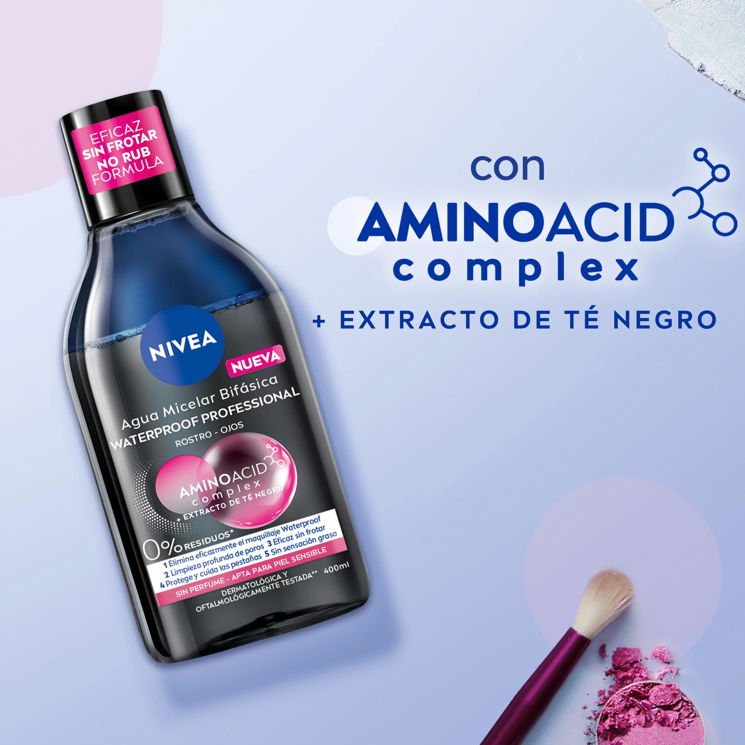 NIVEA Agua micelar Bifásica Waterproof 6 x 400 ml pack, desmaquillante facial con extracto de té negro