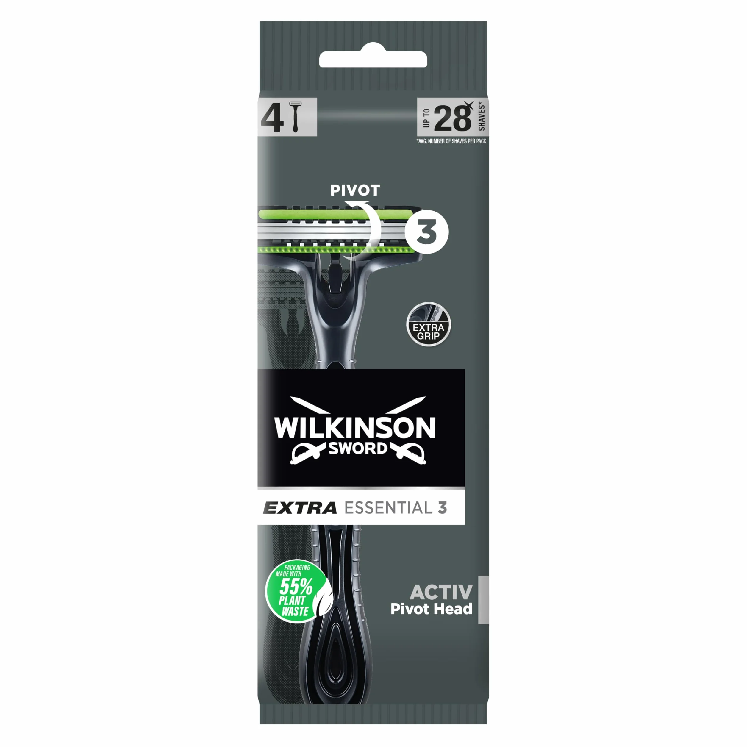 Wilkinson Sword Extra 3 Activ Maquinilla de Afeitar Desechable 3 Hojas Banda Lubricante Aloe Vera Cabezal Giratorio Pack 4