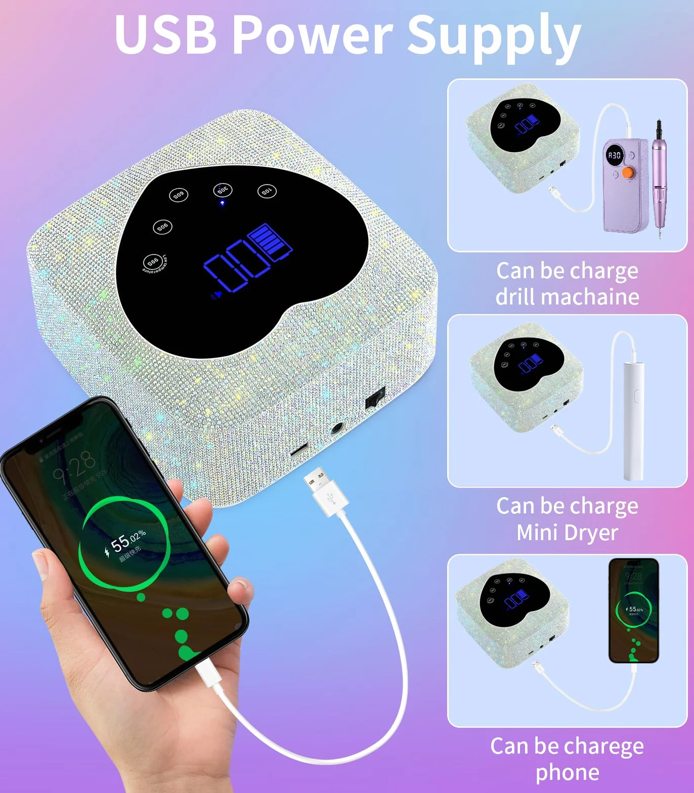 HUGMAPLE Lámpara de uñas UV inalámbrica para uñas de gel de 72 W, secador de uñas LED de diamante recargable con 5 ajustes de temporizador, control táctil y sensor automático, lámpara de curado rápido