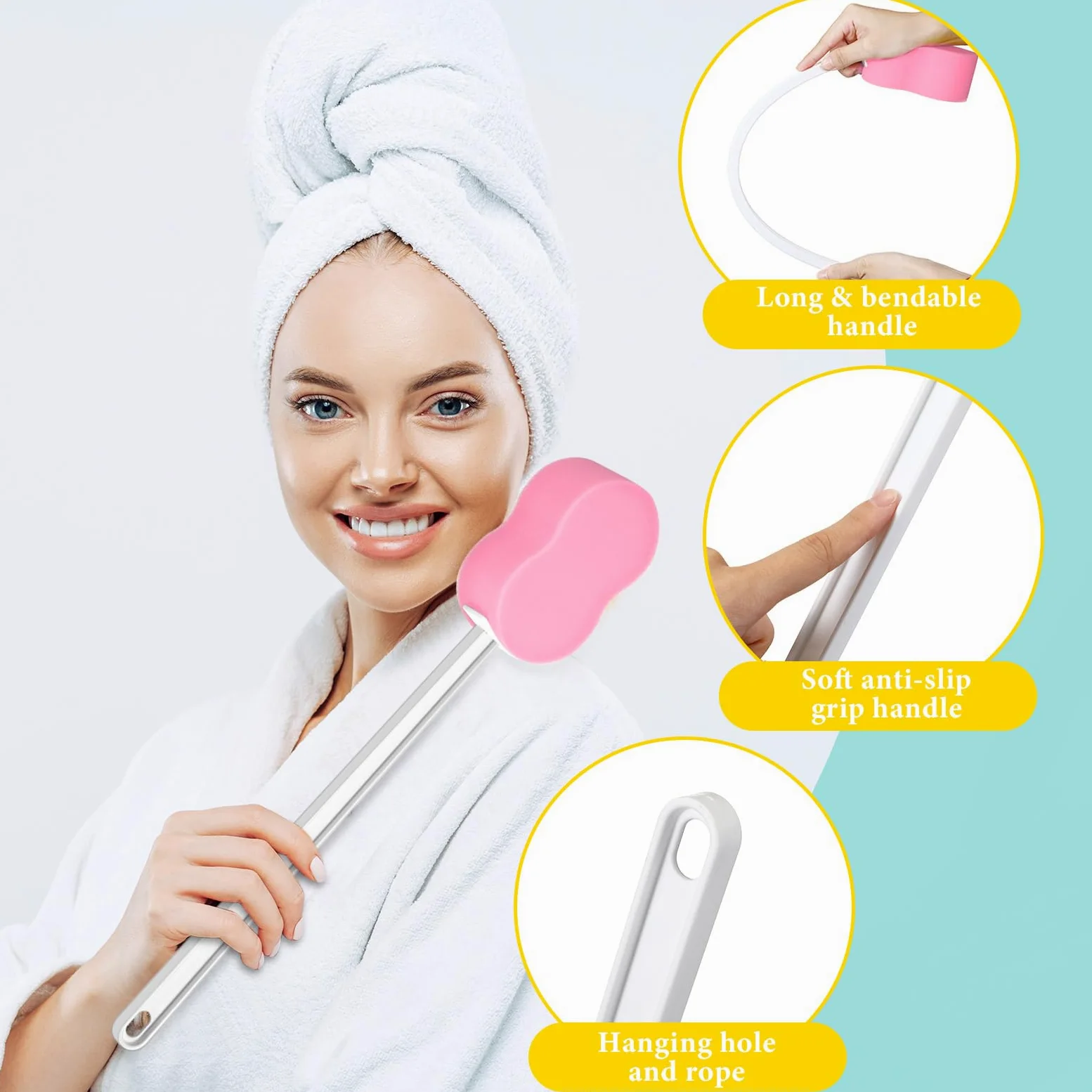 3 esponjas de mango largo de 22.4 pulgadas, esponja trasera en un cepillo corporal con mango para pies y cuerpo, movimiento limitado (rosa)
