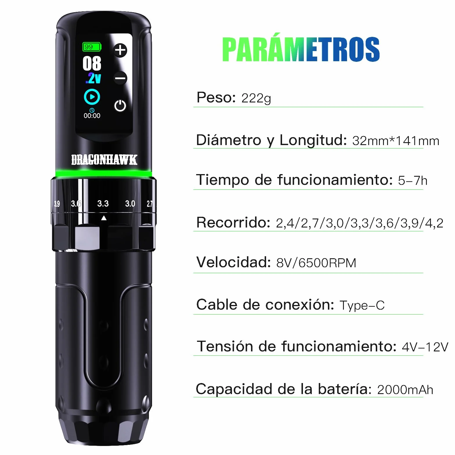 Dragonhawk L3 Kit de Tatuaje, Máquina de Tatuar Inalámbrica con Recorrido de 2.4-4.2 mm y Batería de 2000 mAh, Impresora de Esténciles, 20 Agujas Cartucho para Principiantes y Artistas