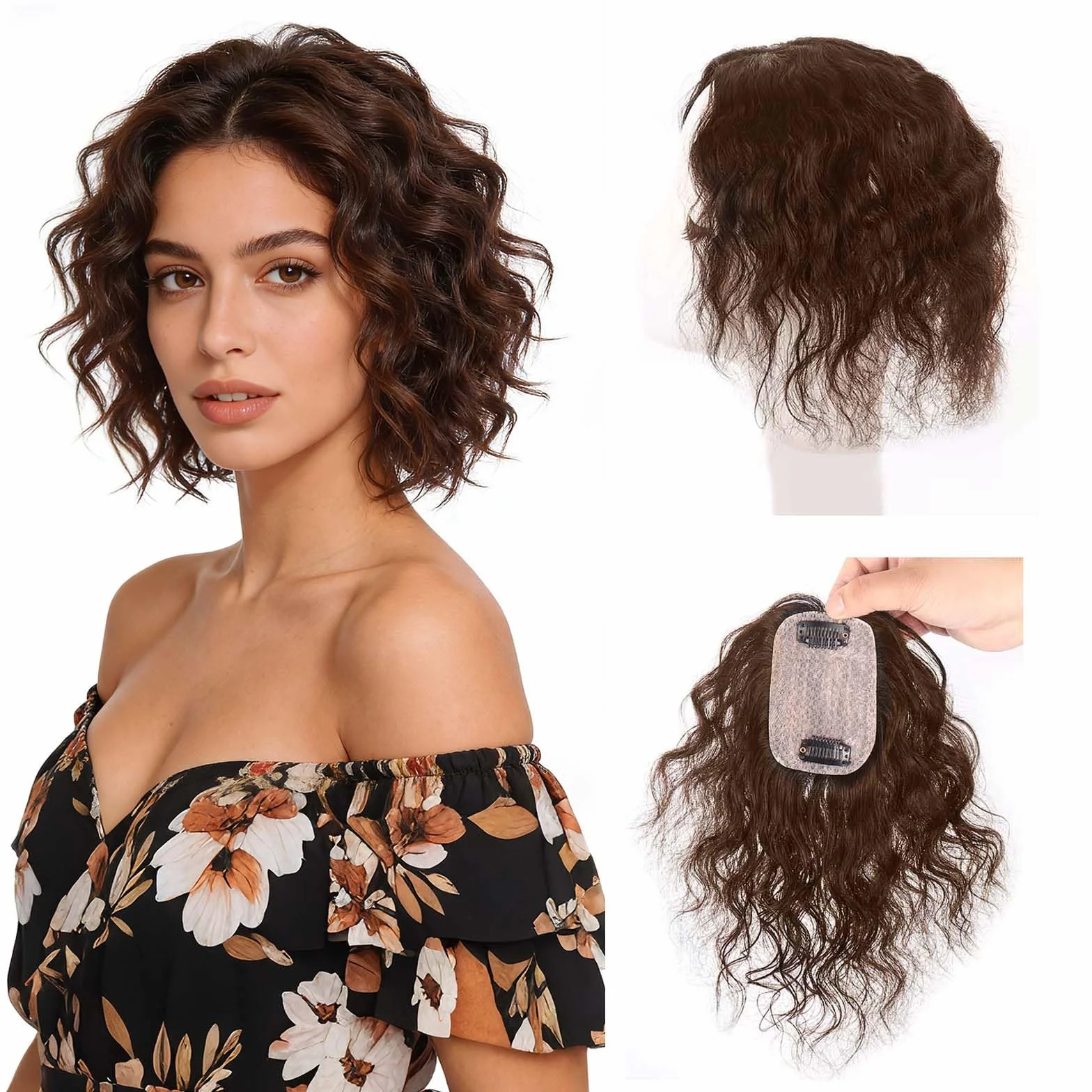 Topper de cabello humano, 25 cm, base de seda, ondulado, para mujeres con cabello que se adelgaza, extensión de cabello con clip con cuero cabelludo realista, 7 x 10 cm, cobertura pequeña de