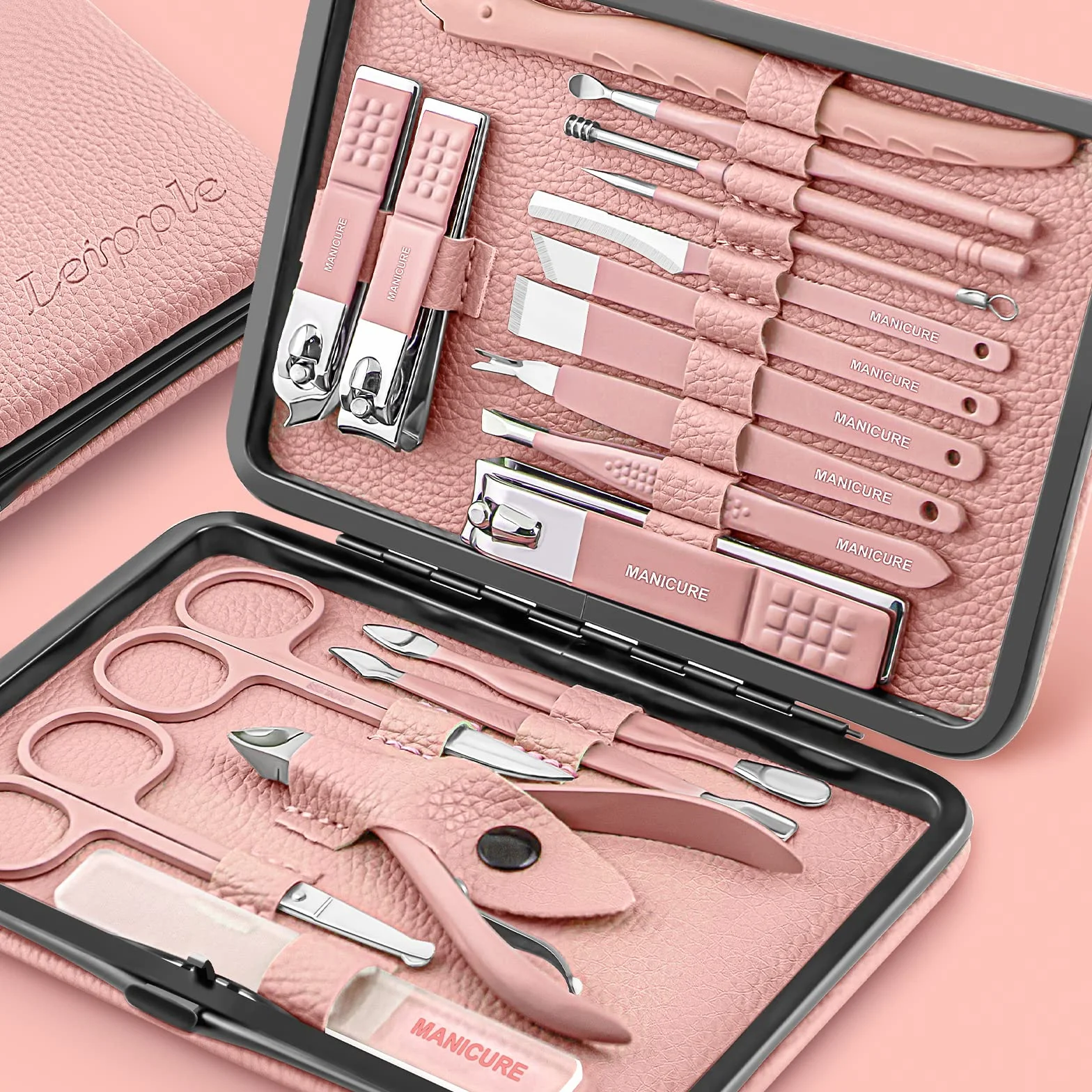 Set de Manicura y Pedicura 18 PCS Acero Inoxidable Cortaúñas Profesional con Estuche de Viaje Cuero