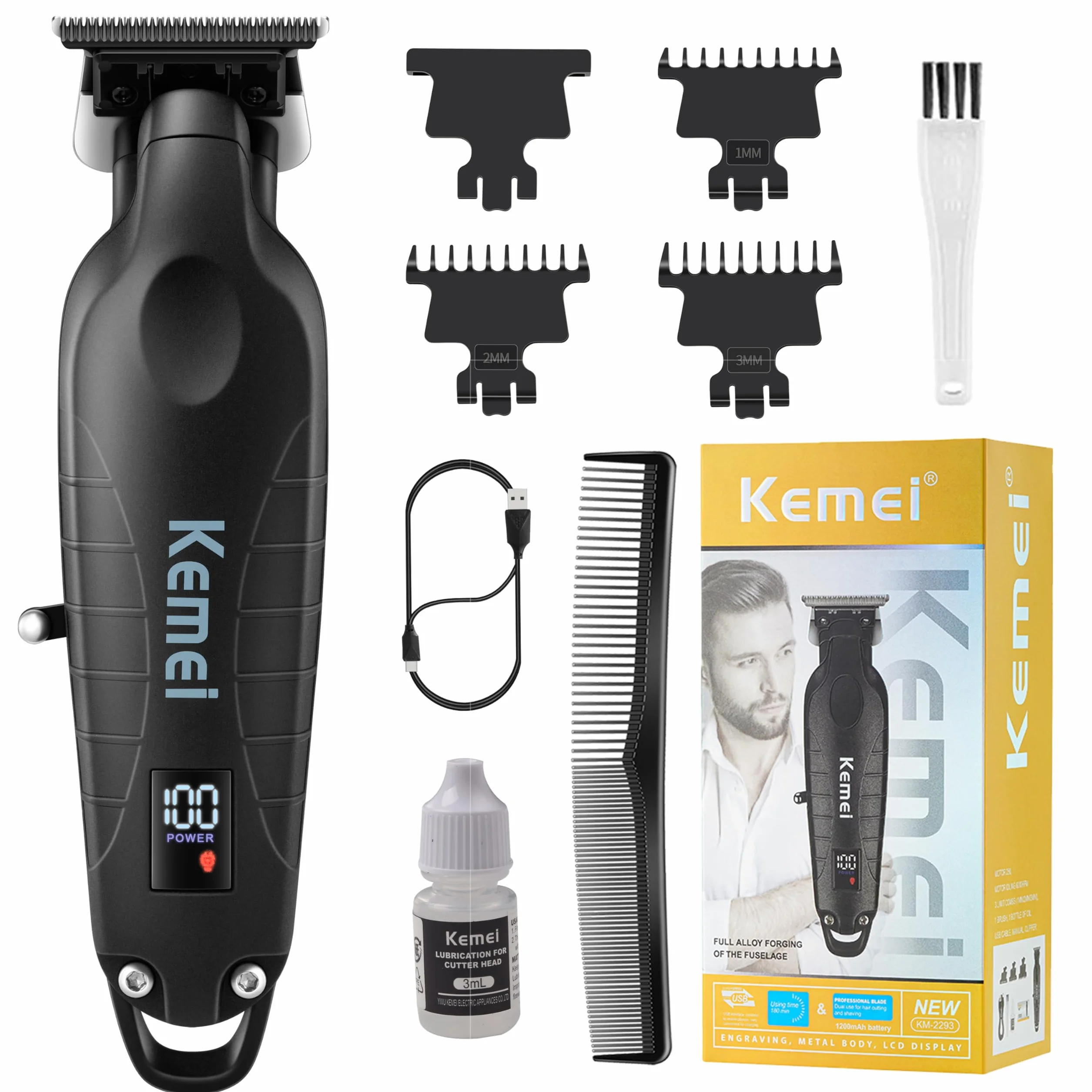 KEMEI 2293 Maquina de Cortar Pelo Profesional, Cortadora Inalámbrica Recargable con 3 Peines Guía, Negro