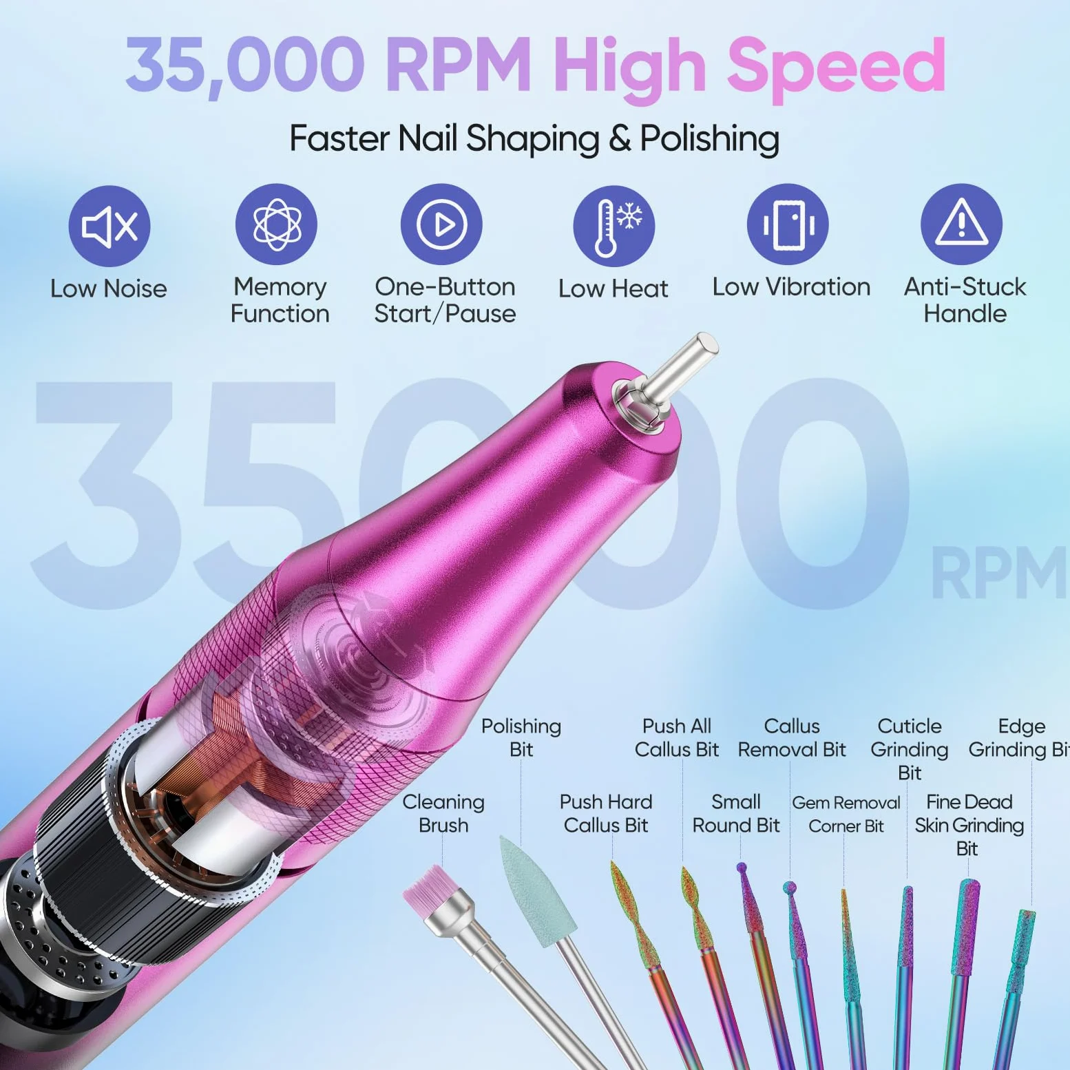Taladro de uñas eléctrico con 12 accesorios de pulido y 30 bandas de lija, 0-35.000 rpm, set de manicura/pedicura para manicura y pedicura para cortar, limarlas, dar forma, cuidar las uñas y la