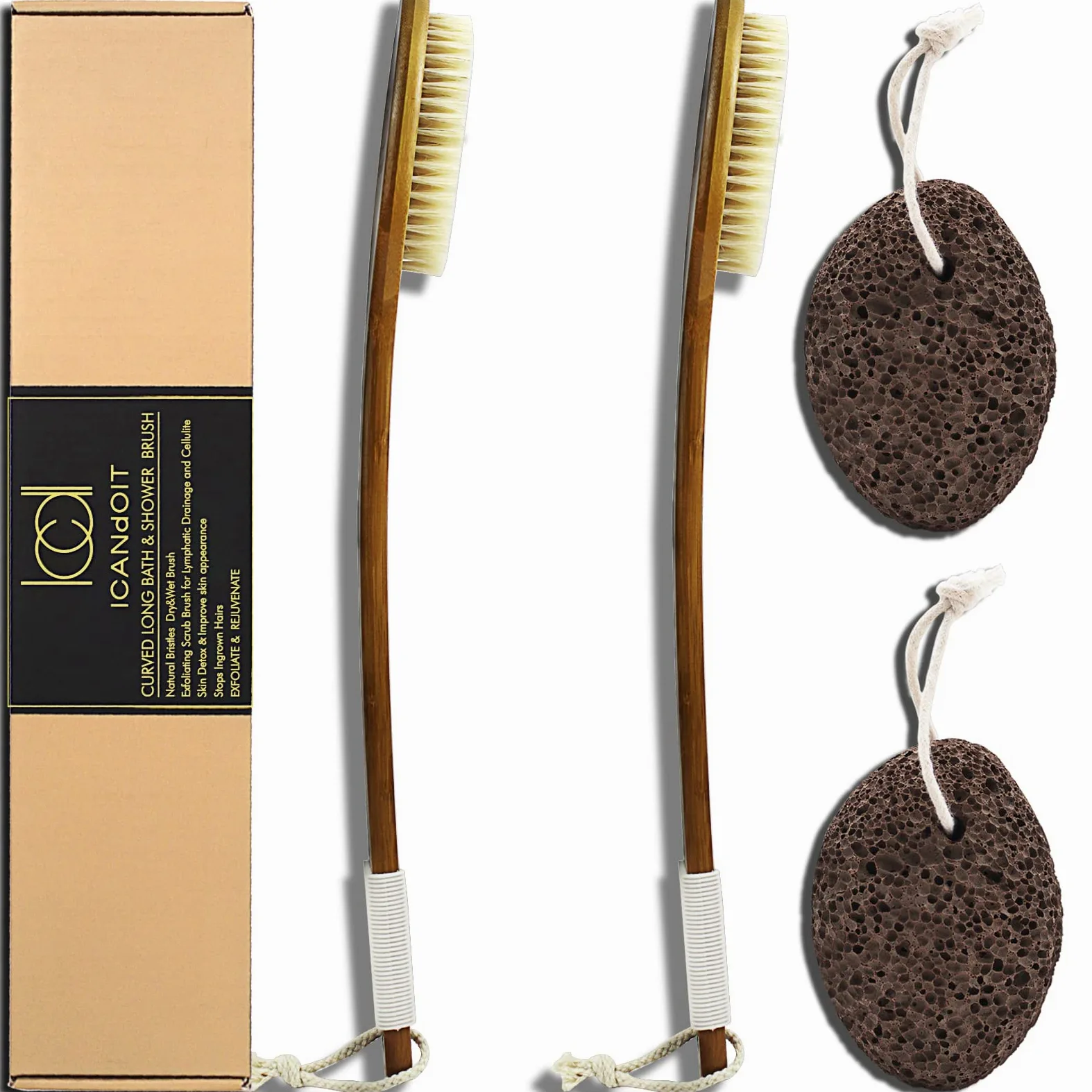 ICANdOIT - Cepillo de baño antideslizante de mango largo, cepillo de ducha con mango doblado para exfoliar, limpiador de cerdas de jabalí natural con resistencia normal para uso en la espalda, húmedo