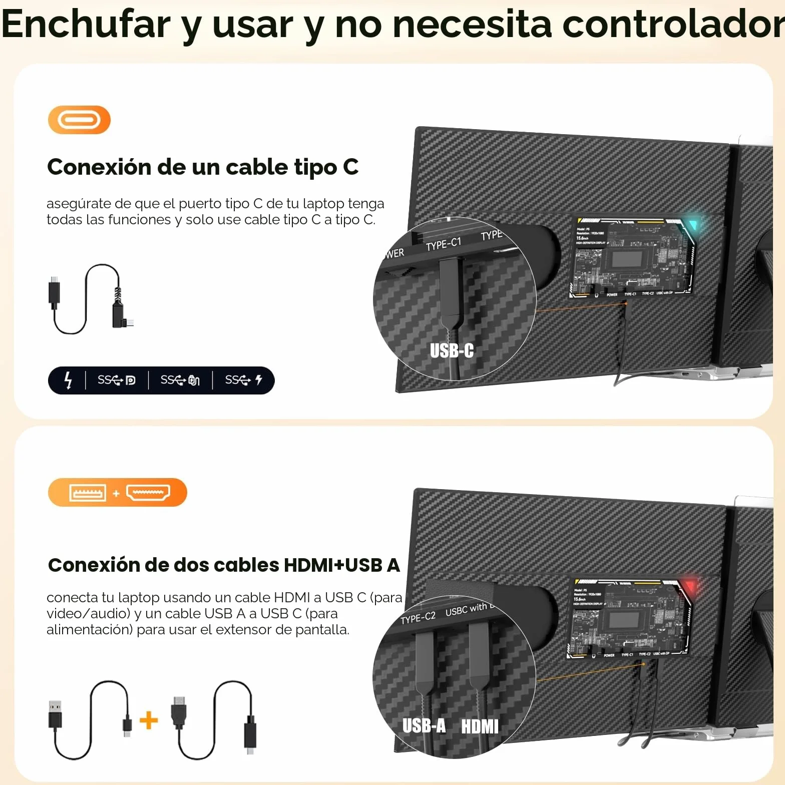 Monitor Portátil 15.6" 1080p IPS Doble Pantalla Extensor para Laptop 13-17,3 Pulgadas