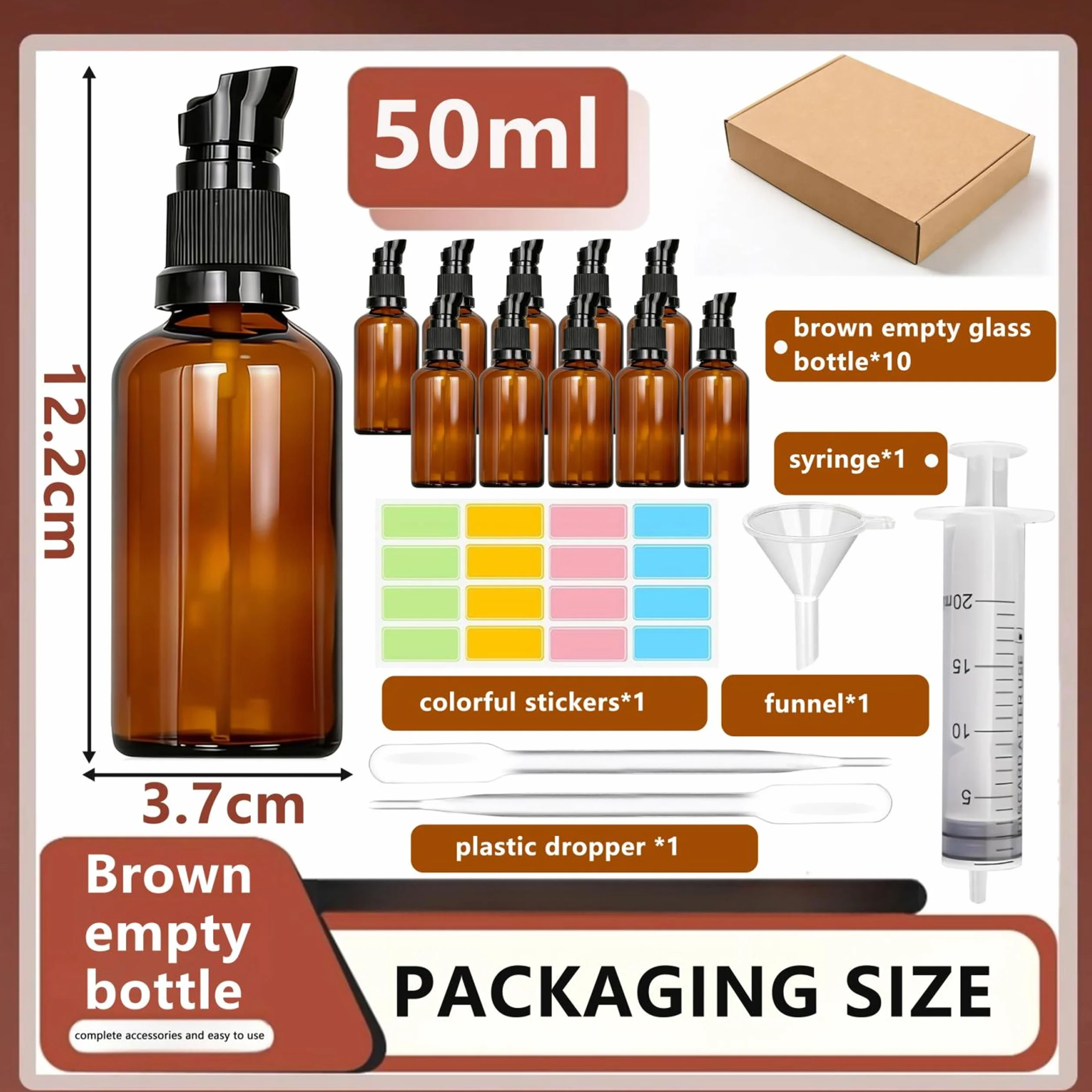 Botellas de Vidrio Marrón 50ml con Bomba, Protección UV, Rellenables para Aceites Esenciales