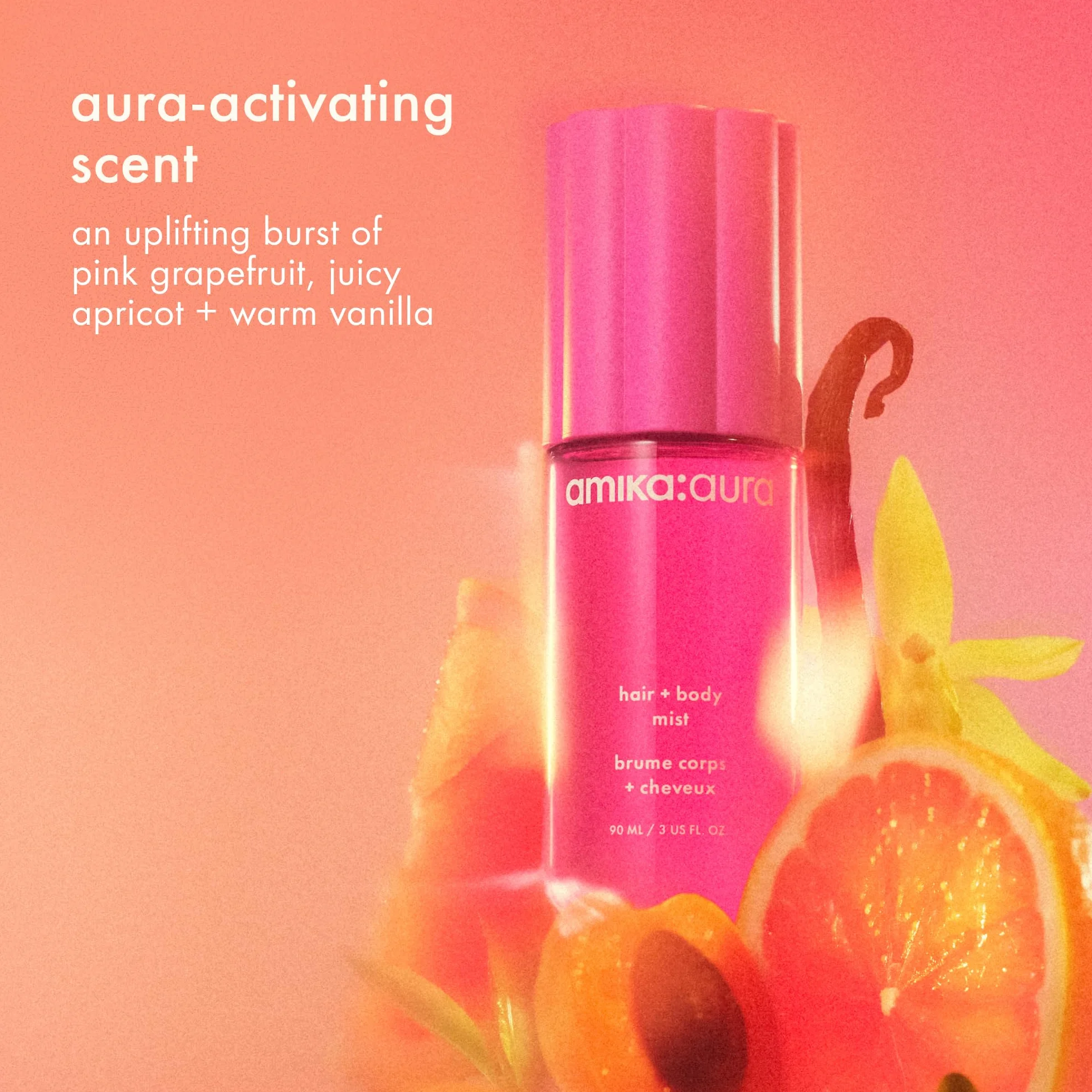 Amika Body Aura Hair & Body Mist 90 ml Spray refrescante cabello cuerpo pomelo albaricoque vainilla sándalo