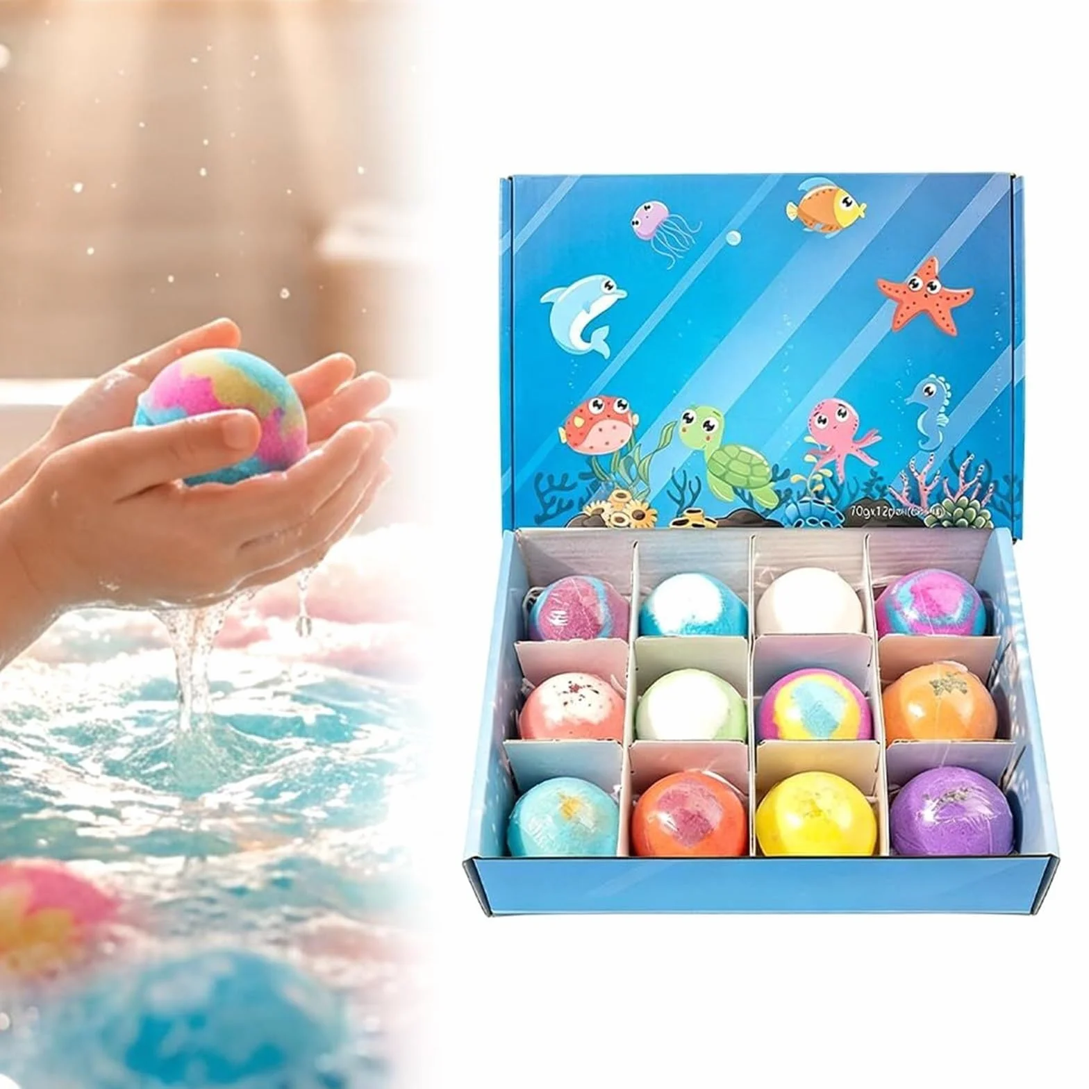 12 Bombas De Baño For Niños, Bolas De Baño De Spa Que Cambian De Color De Sal Marina Natural Con Resorte Sorpresa En El Interior, Suaves, Limpias Y No Irritantes(Blue 24pcs)