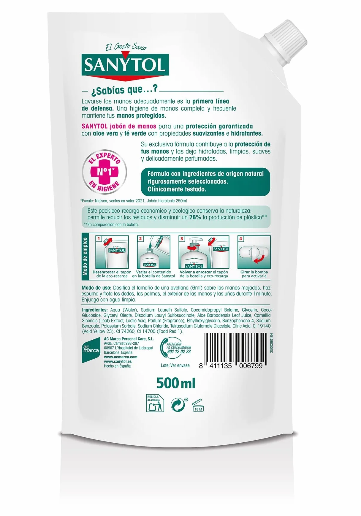 Sanytol Eco-Recarga Jabón de Manos Hidratante 500 ml Aloe Vera Té Verde