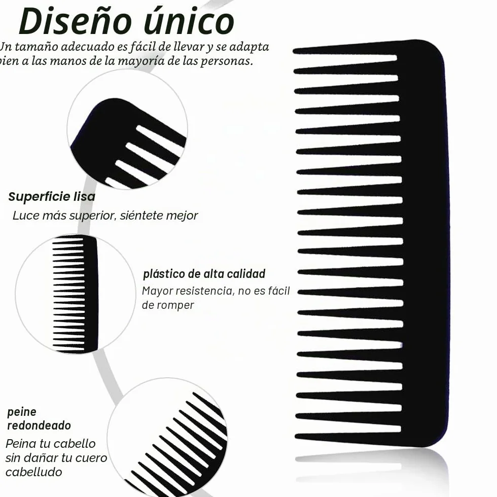Peine de Dientes Anchos Grande para Desenredar Cabello Rizado Seco y Húmedo Negro