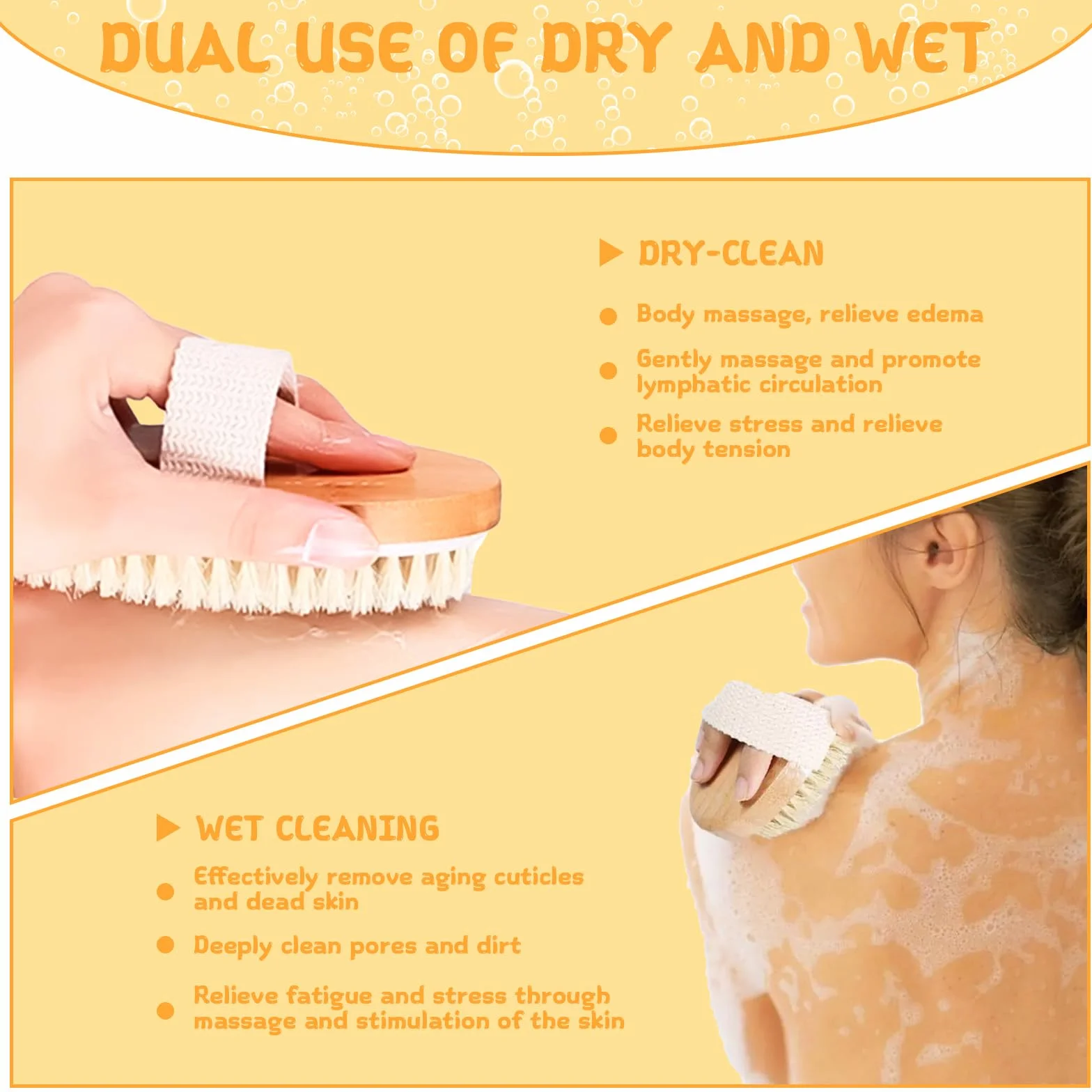 Set de 2 cepillos secos para el cuerpo + cepillo húmedo con cerdas naturales para ducha y masaje