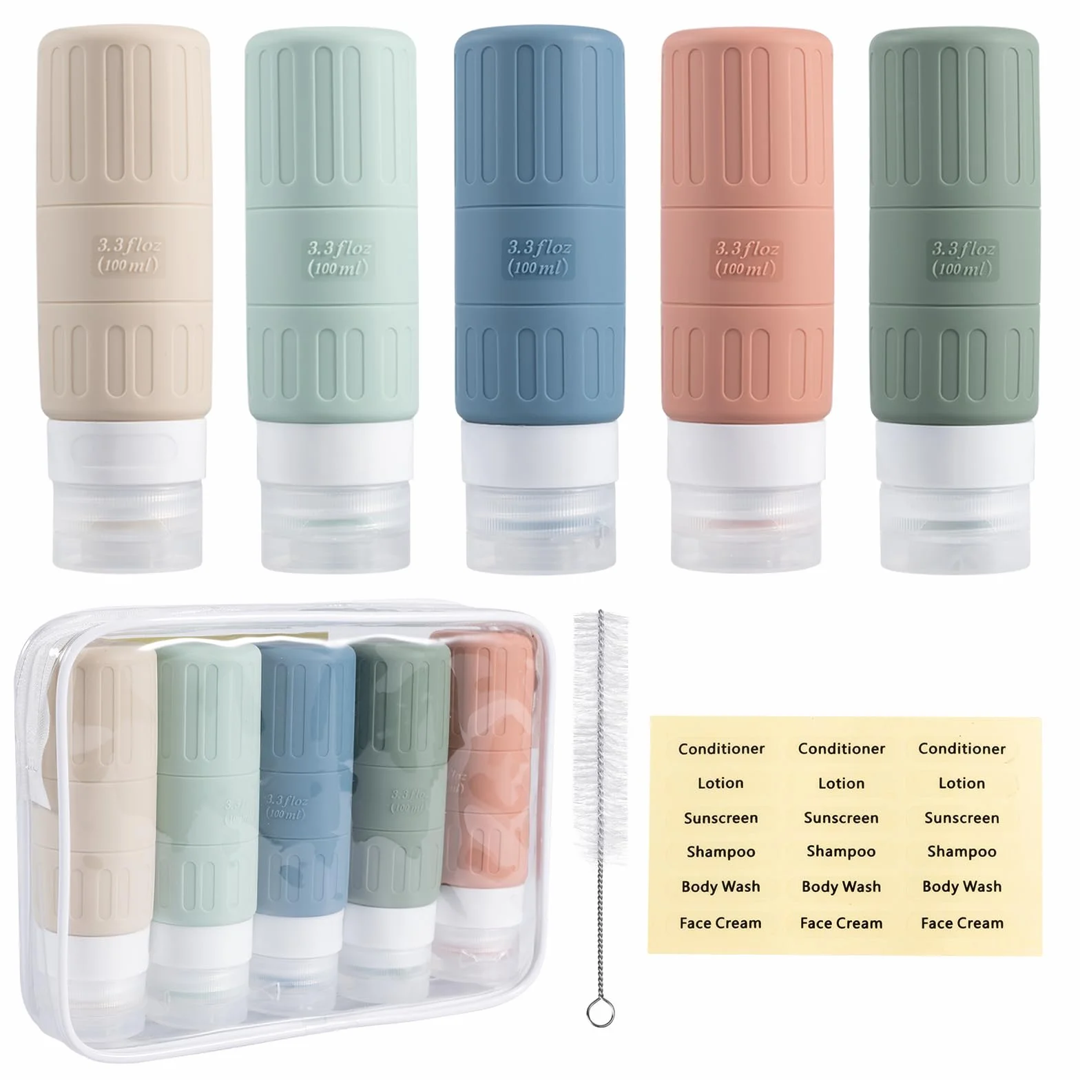 Carehabi Botellas de viaje de silicona 100 ml 5 unidades para champú gel de ducha cosméticos