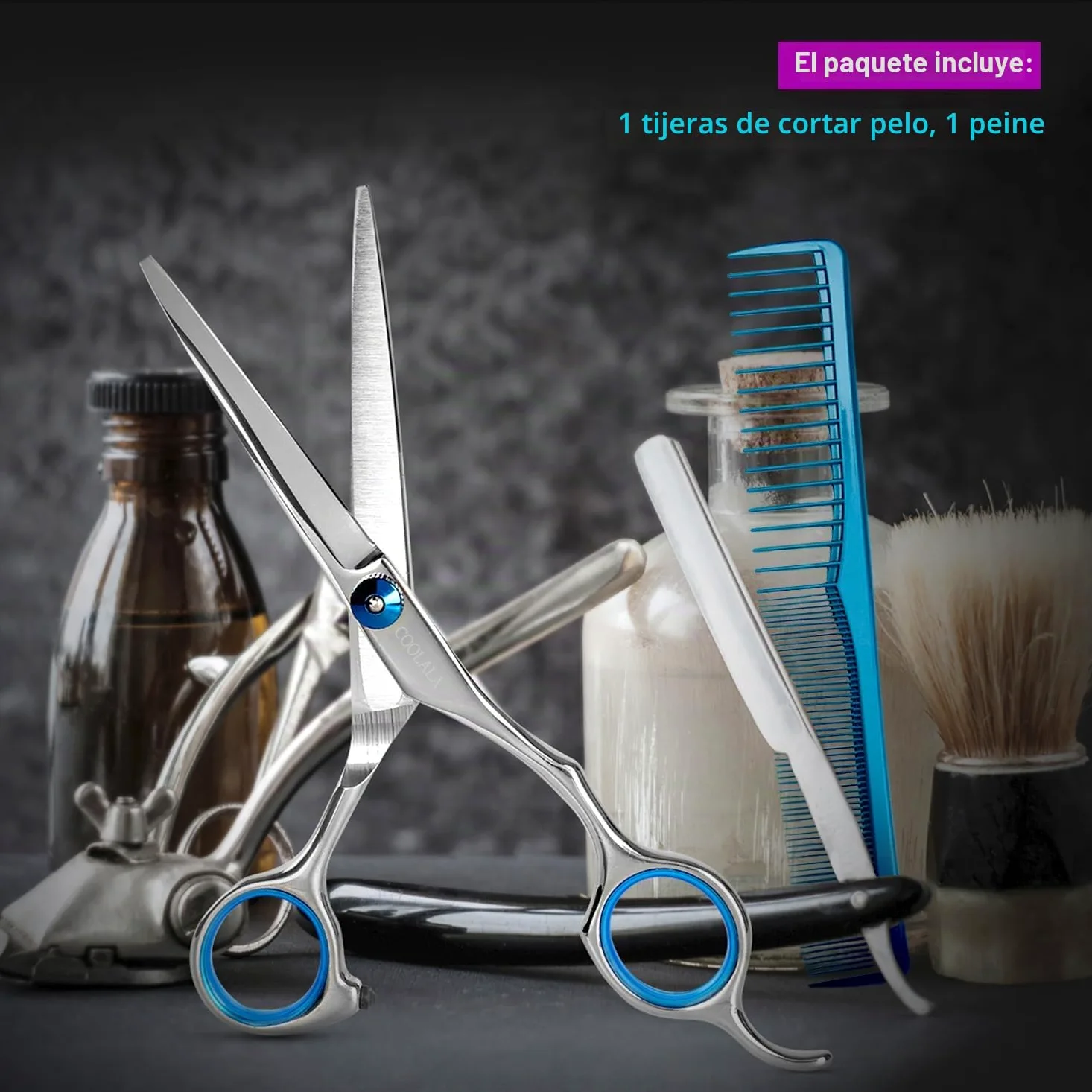 COOLALA Tijeras de corte de pelo de acero inoxidable de 6.5 pulgadas, tijeras de afeitar de peluquería profesionales, tijeras de corte de pelo, un peine incluido, uso doméstico para hombres, mujeres,