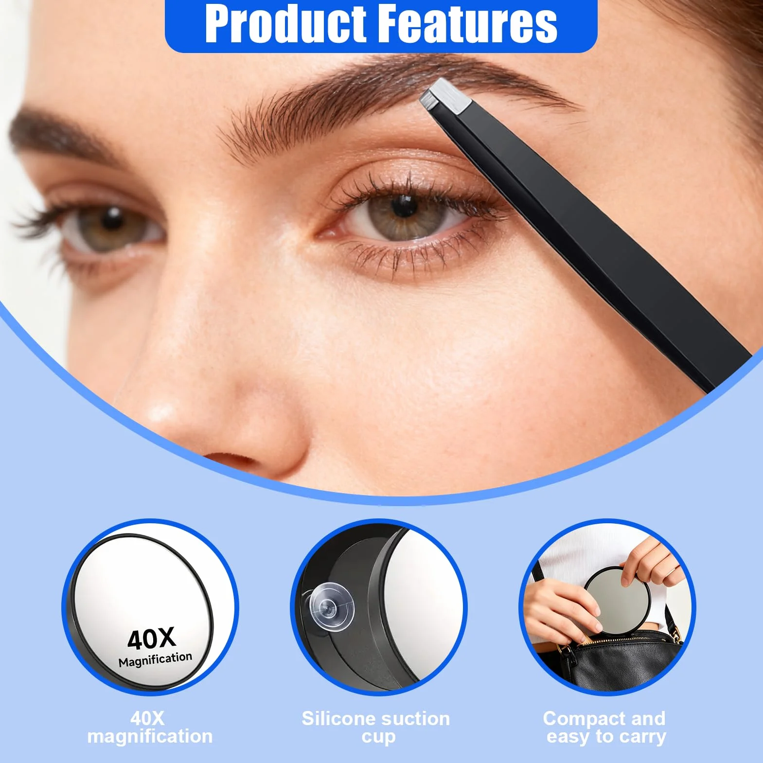 Espejo de Aumento 40X con Ventosa, Espejo de Maquillaje Compacto 3.5 Pulgadas, Pinzas de Acero Inoxidable