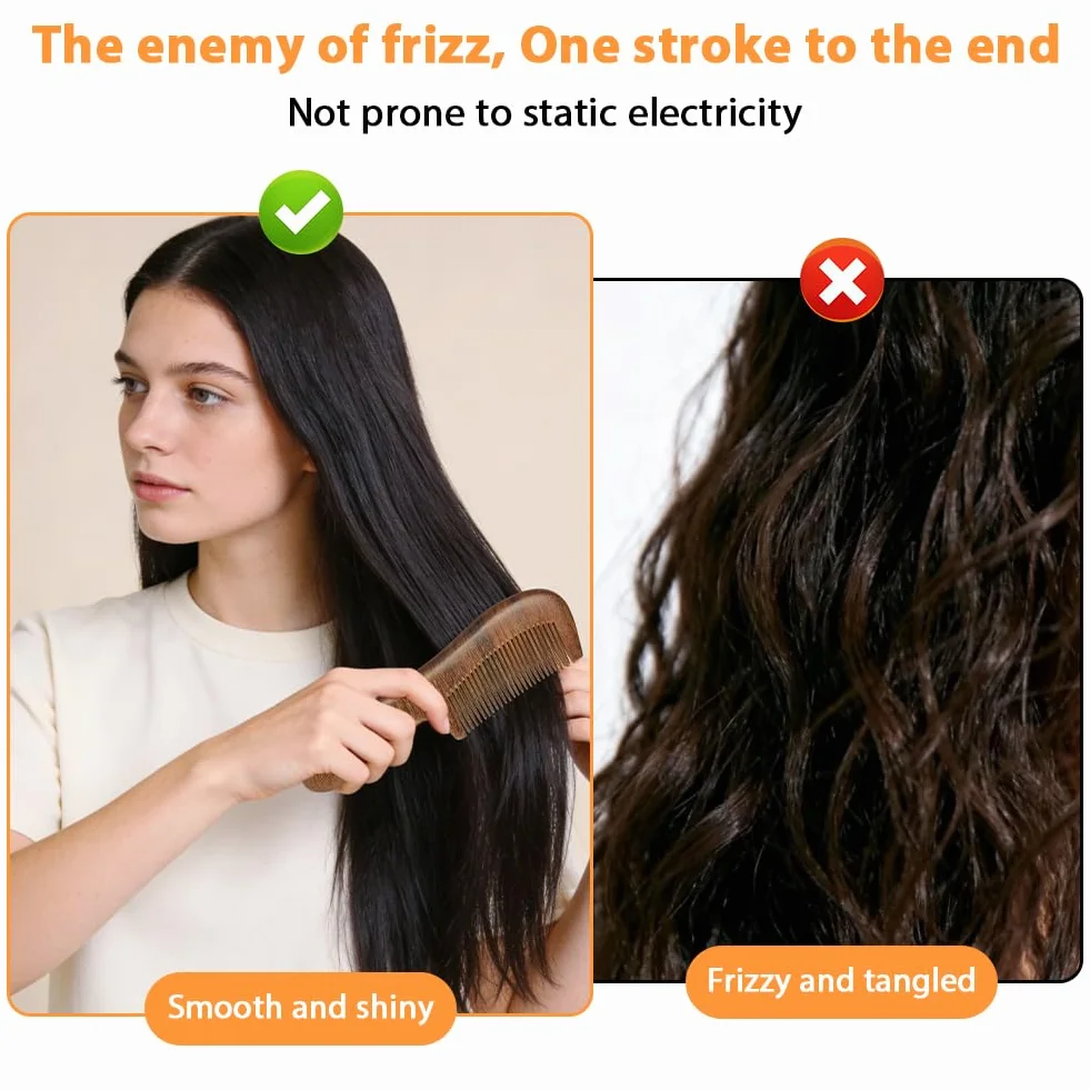 Peine de Sándalo Dorado 100% Natural, 2 Piezas para Cabello, Madera Puas Anchas+Finos, Antifrizz, Todo Tipo de Pelo