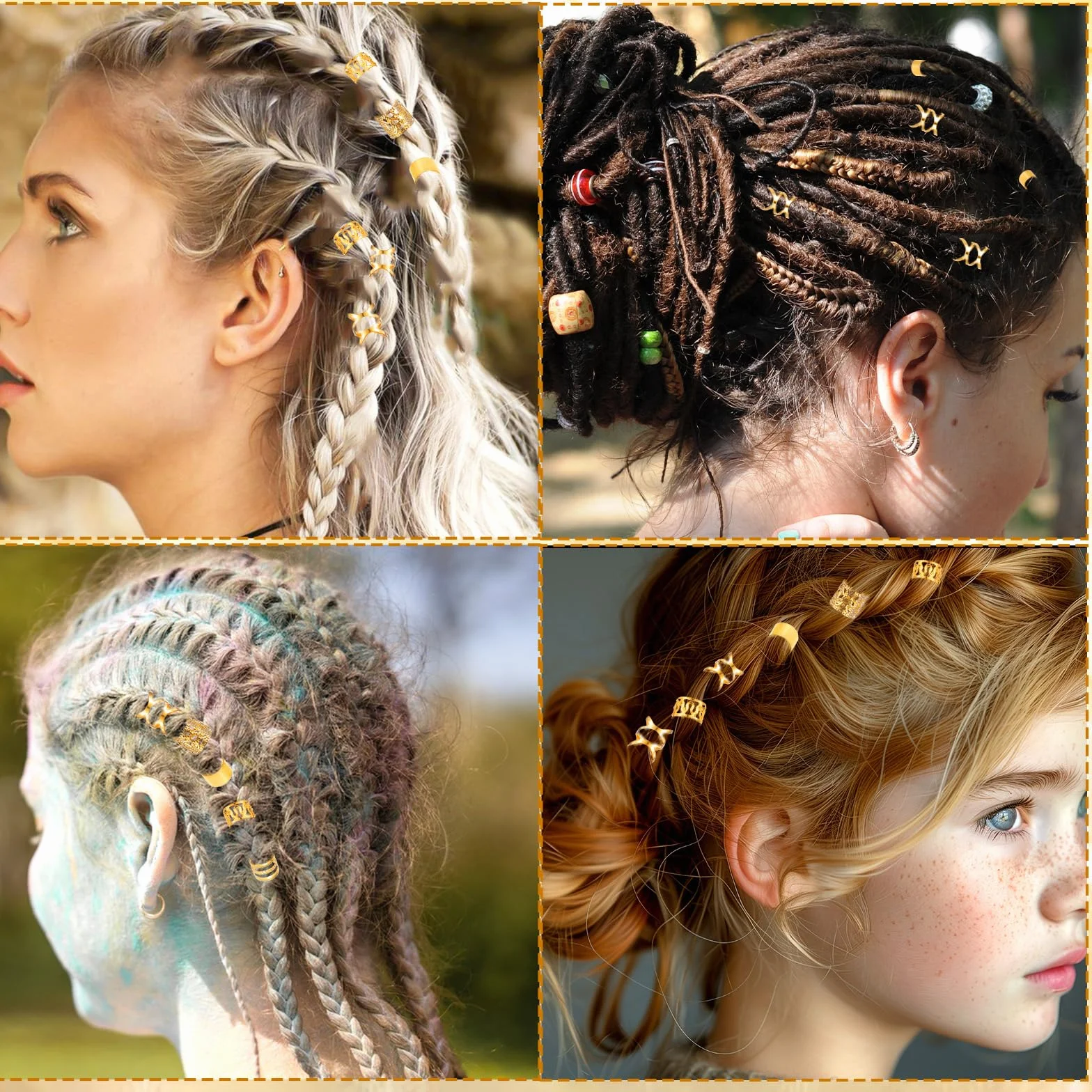 Ouligay 40 piezas joyería dorada para el cabello anillos trenzas ajustable rastas clips accesorios