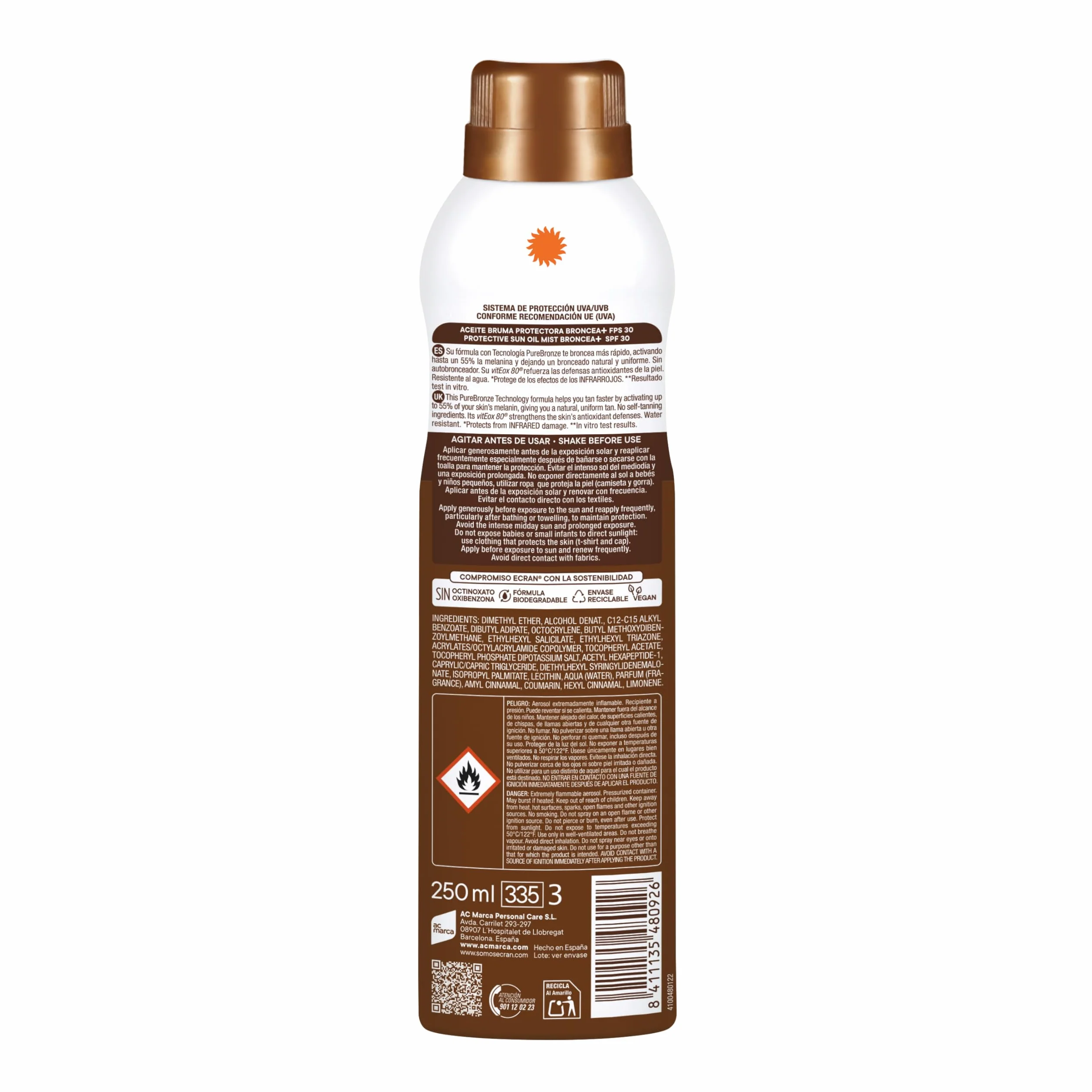 Sunnique Bruma Aceite Protector FPS 30 UVB UVA IR-A Resistente al Agua Pure Bronze VitEox 80 Bronceado Natural 250 ml