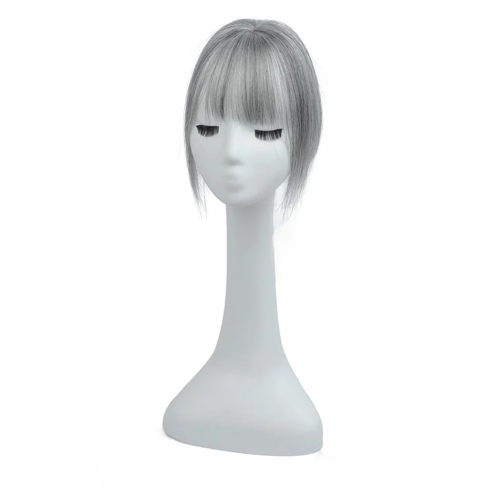 Topper para cabello humano para mujeres con cabello adelgazado, flequillo de cobertura 3D de 360°, base de seda 5 x 9 cm, mechones de densidad 150 extensiones de cabello (8 pulgadas, gris)
