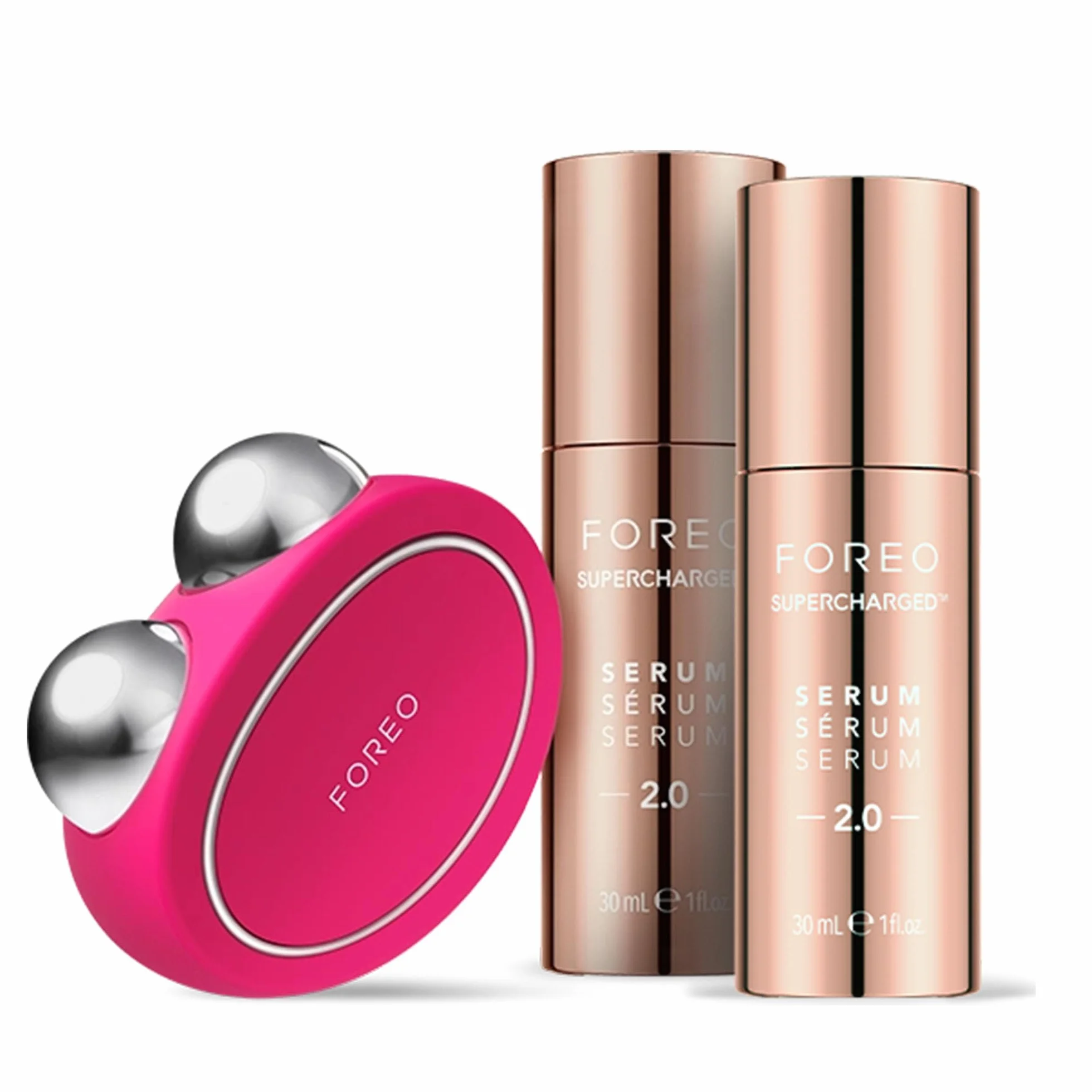 FOREO BEAR Reafirmante Dispositivo de Microcorrientes Facial + 2x Sérum 30 ml Ácido Hialurónico Masajeador Antiedad Fuchsia