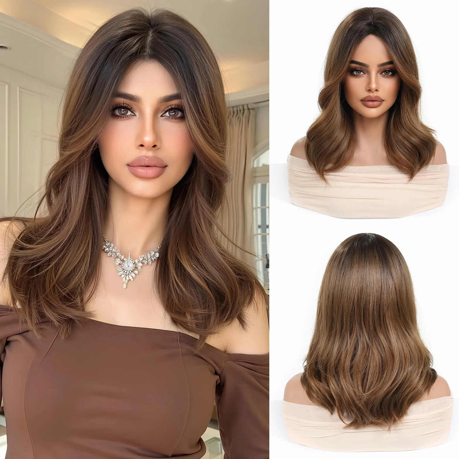 Esmee Pelucas Largas Onduladas Marrón para Mujeres Peluca Ombre Cabello Sintético Natural