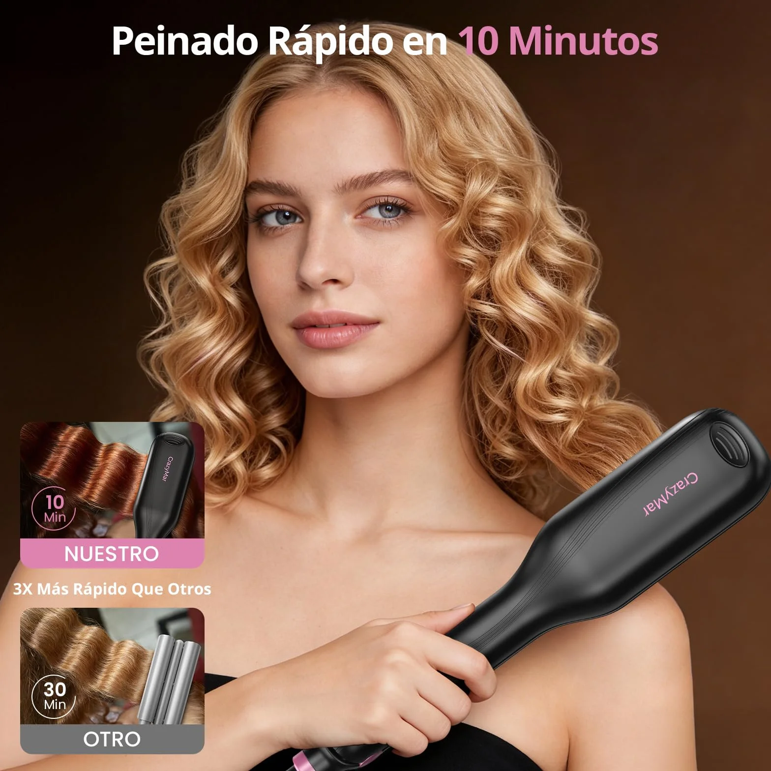 CrazyMar Rizador de Pelo Ondas, 25mm Plancha Ondas Surferas-Calentamiento Rápido 15s, Ondulador de Pelo Iónico con 9 Temperaturas + 4 Temporizadores, Fijación 24h y Antiquemaduras, Pantalla LED