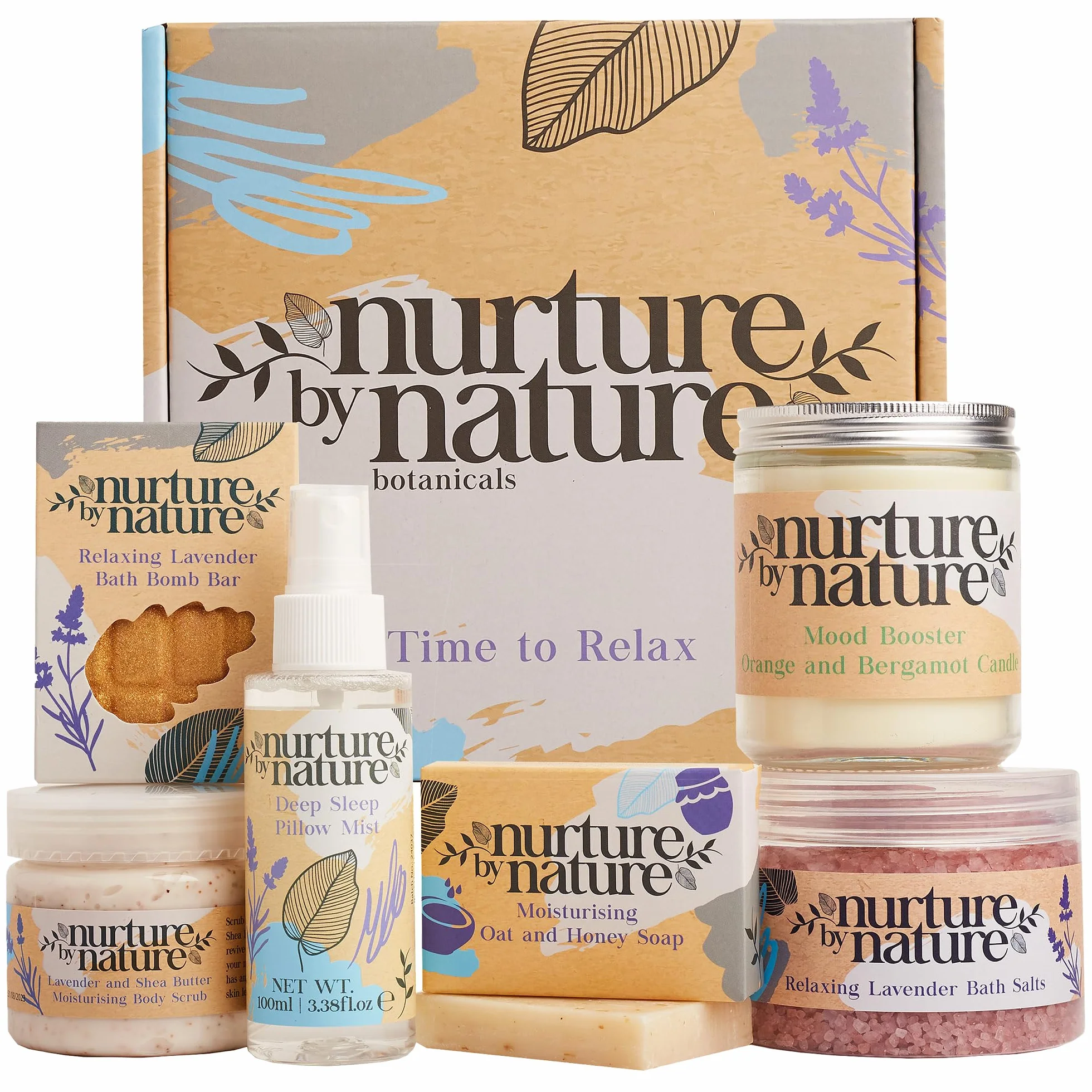 NURTURE BY NATURE Set de Regalo de Bienestar para Mujer – Set spa con spray de almohada de lavanda, exfoliante corporal, bomba de baño y vela perfumada vegano