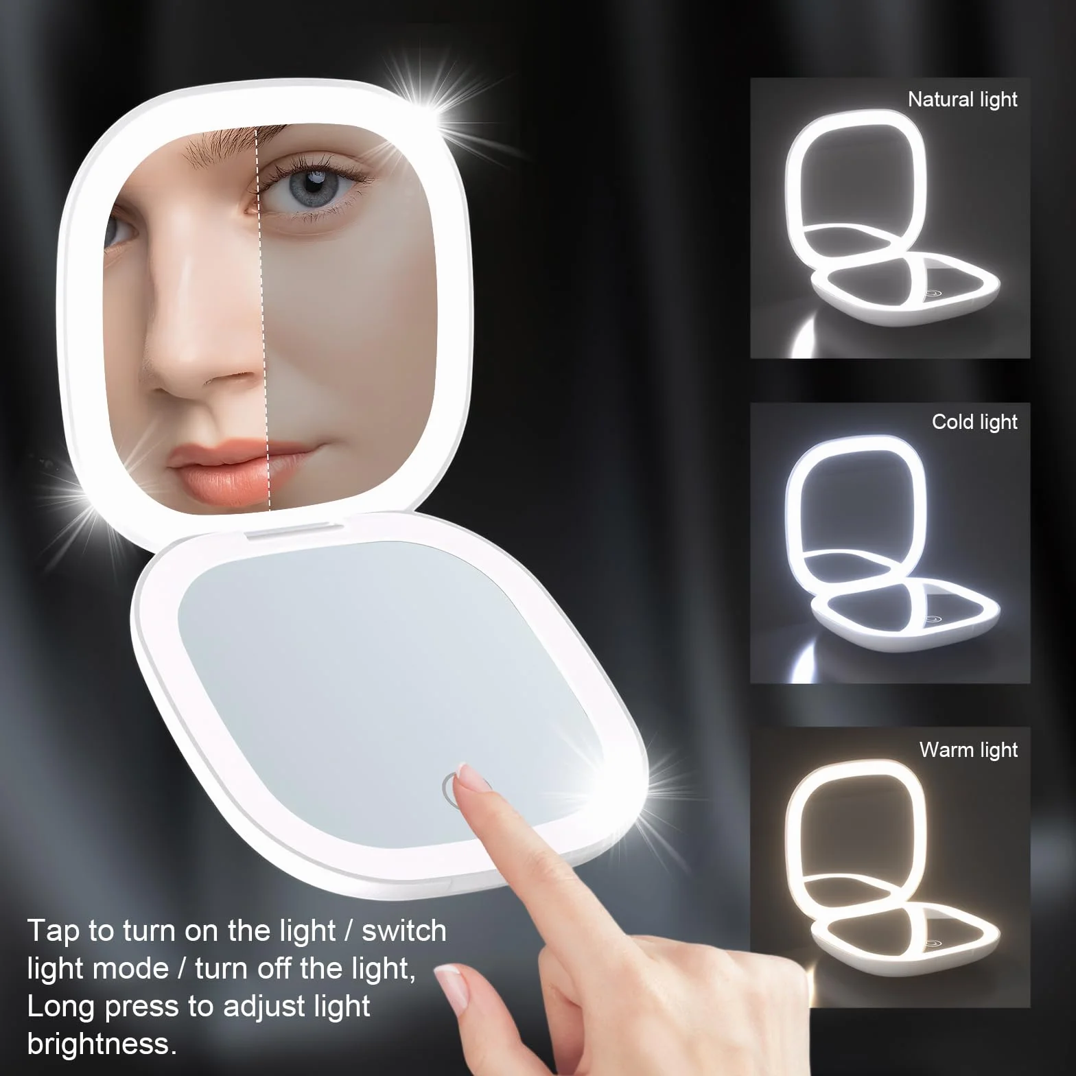 Colexy Espejo de Bolsillo con Aumento 1X/5X, Espejo de Maquillaje Compacto con Luz LED, Recargable y Plegable Doble Cara