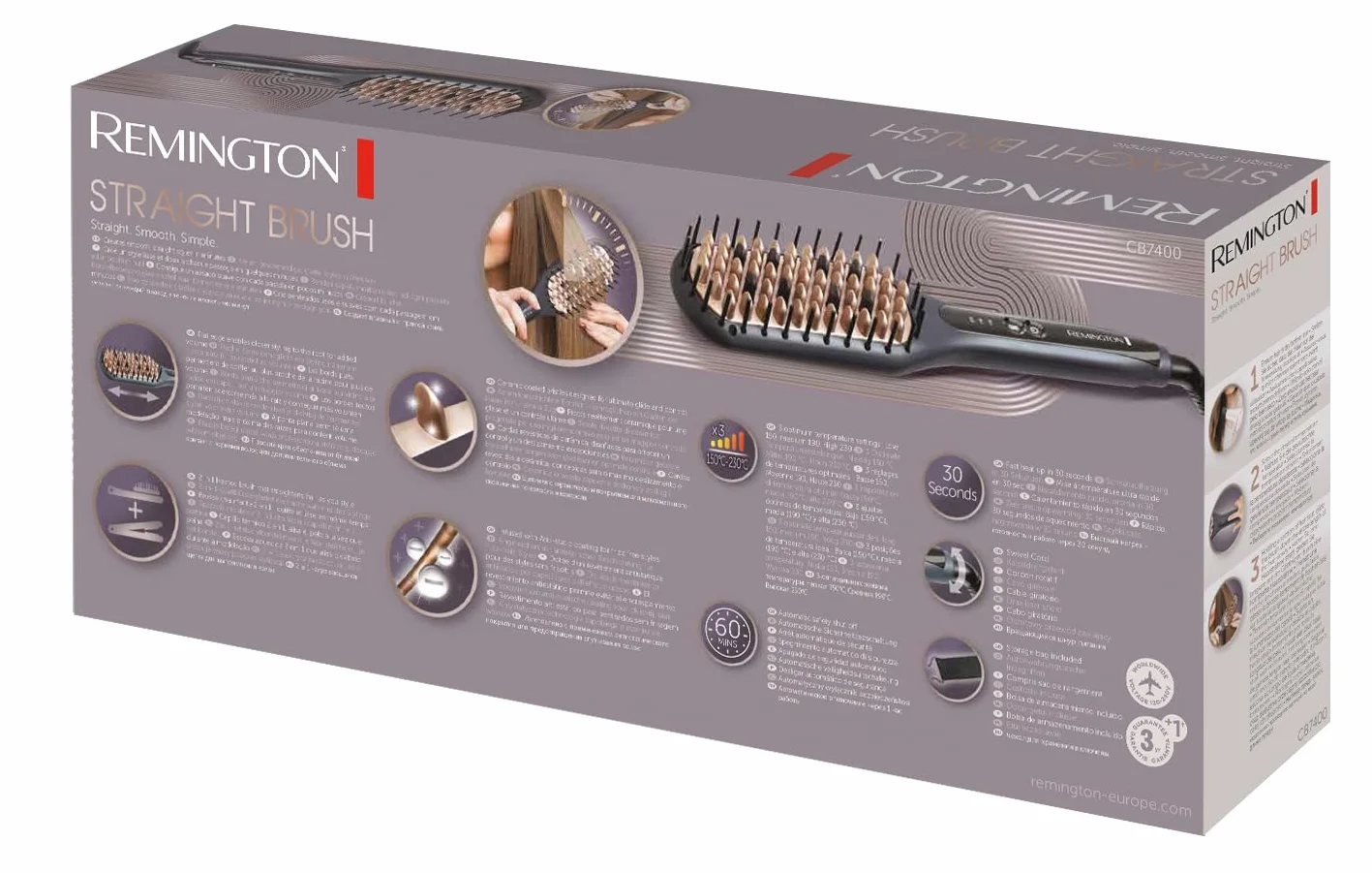 Remington Cepillo Alisador Straight Brush Cerámica Avanzada Anti-estática 3 Temperaturas 230°C CB7400
