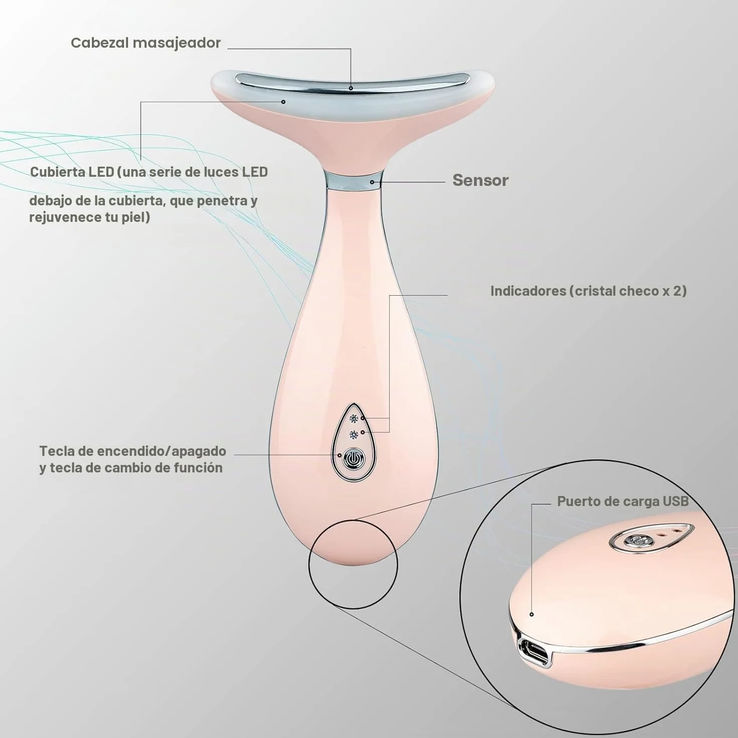 VRAIKO Lily Masajeador de Cuello y Rostro, Herramienta de Esculpido Facial, Rejuvenecimiento con Calor, LED Triple Acción y Vibración, Anti-Edad, Lifting y Tensado (Rosa)