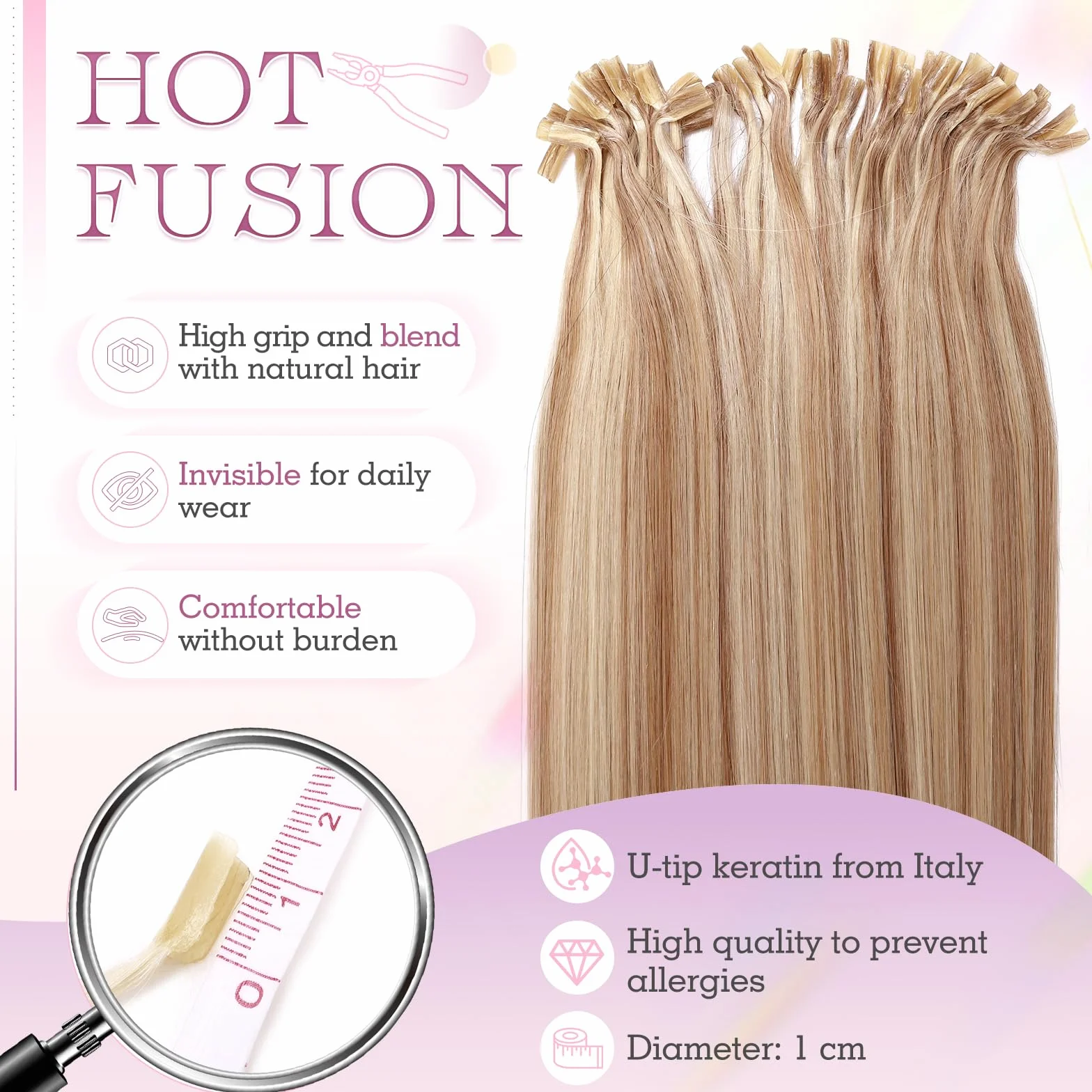 Elailite Extensiones Queratina Pelo Natural sin Clip Ash Rubio Mecha Rubio Muy Claro, 25 Mechas 25g U Tip Keratin Cabello Humano 40cm